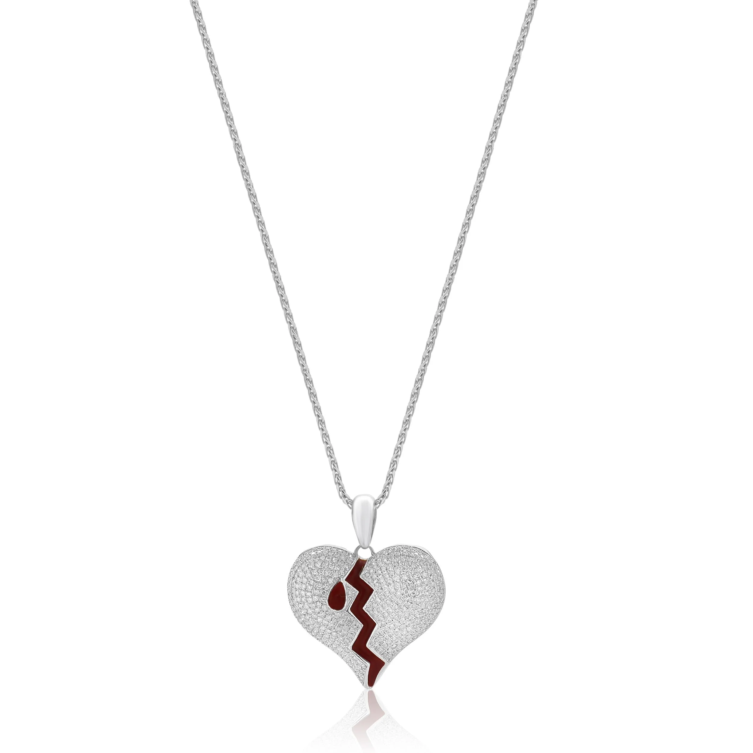 10/14 Karat White Gold Pave Diamond and Enamel Broke Heart Necklace