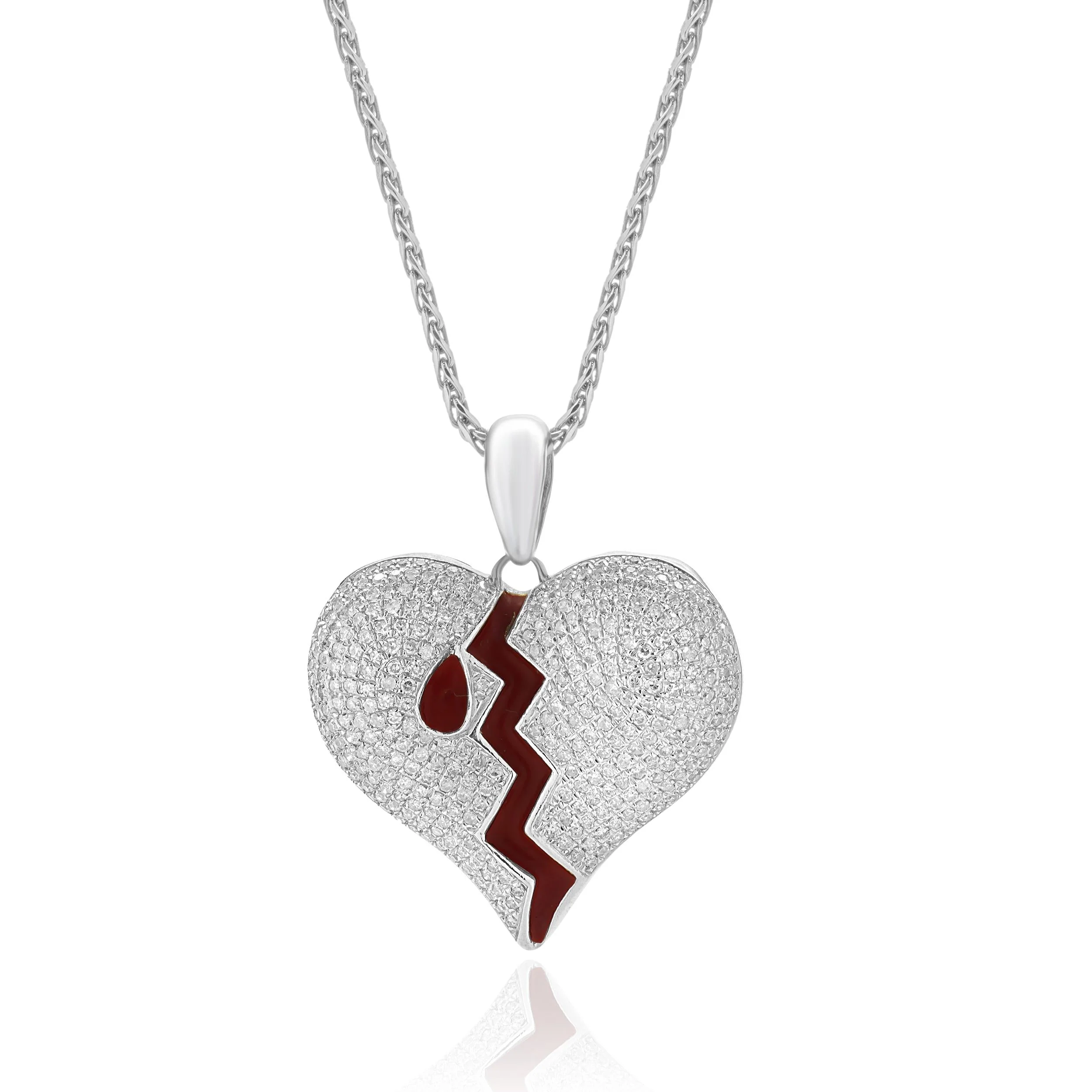 10/14 Karat White Gold Pave Diamond and Enamel Broke Heart Necklace - Image 2