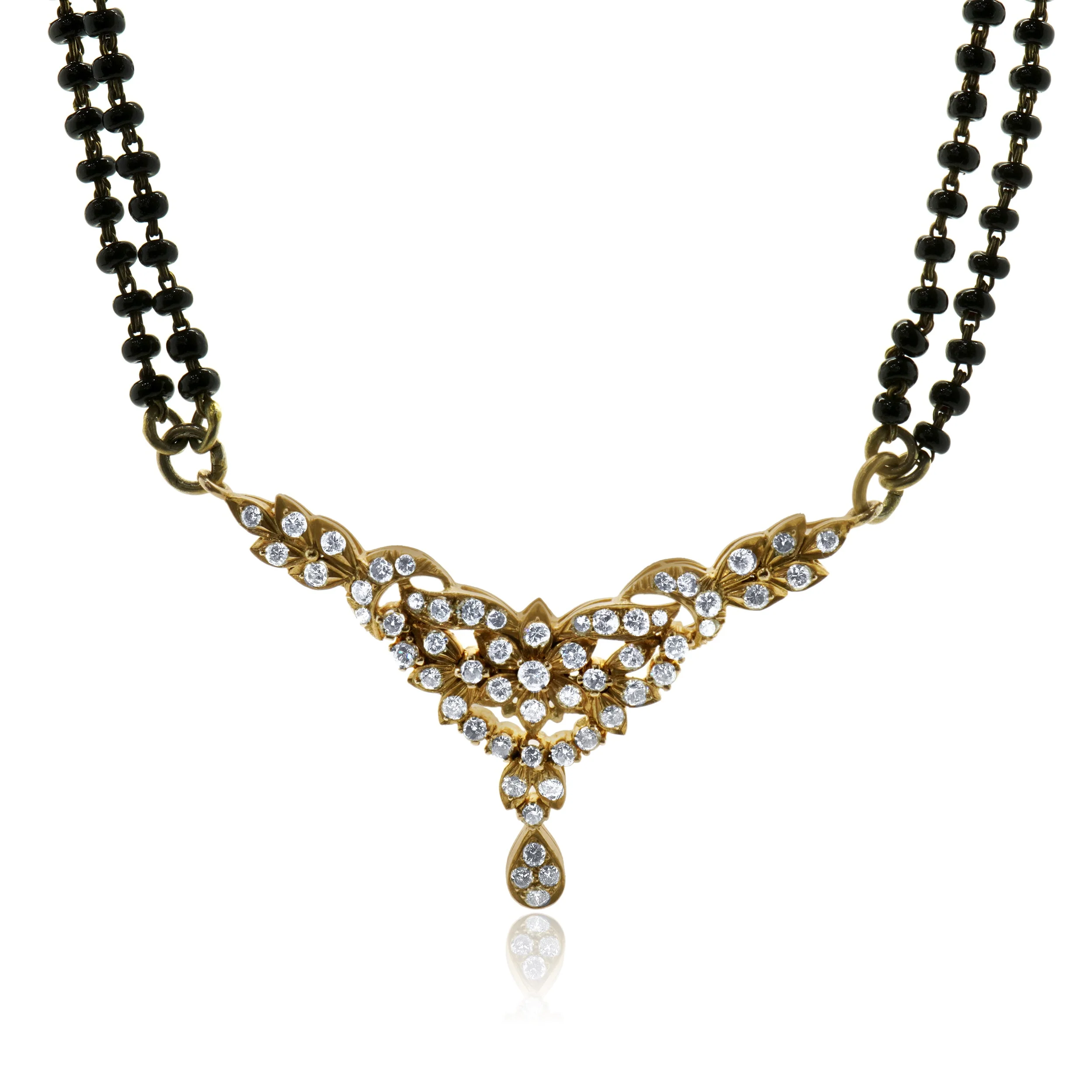 10 Karat Rose Gold Vintage Diamond Floral Motif and Double Stranded Onyx Bead Necklace - Image 2