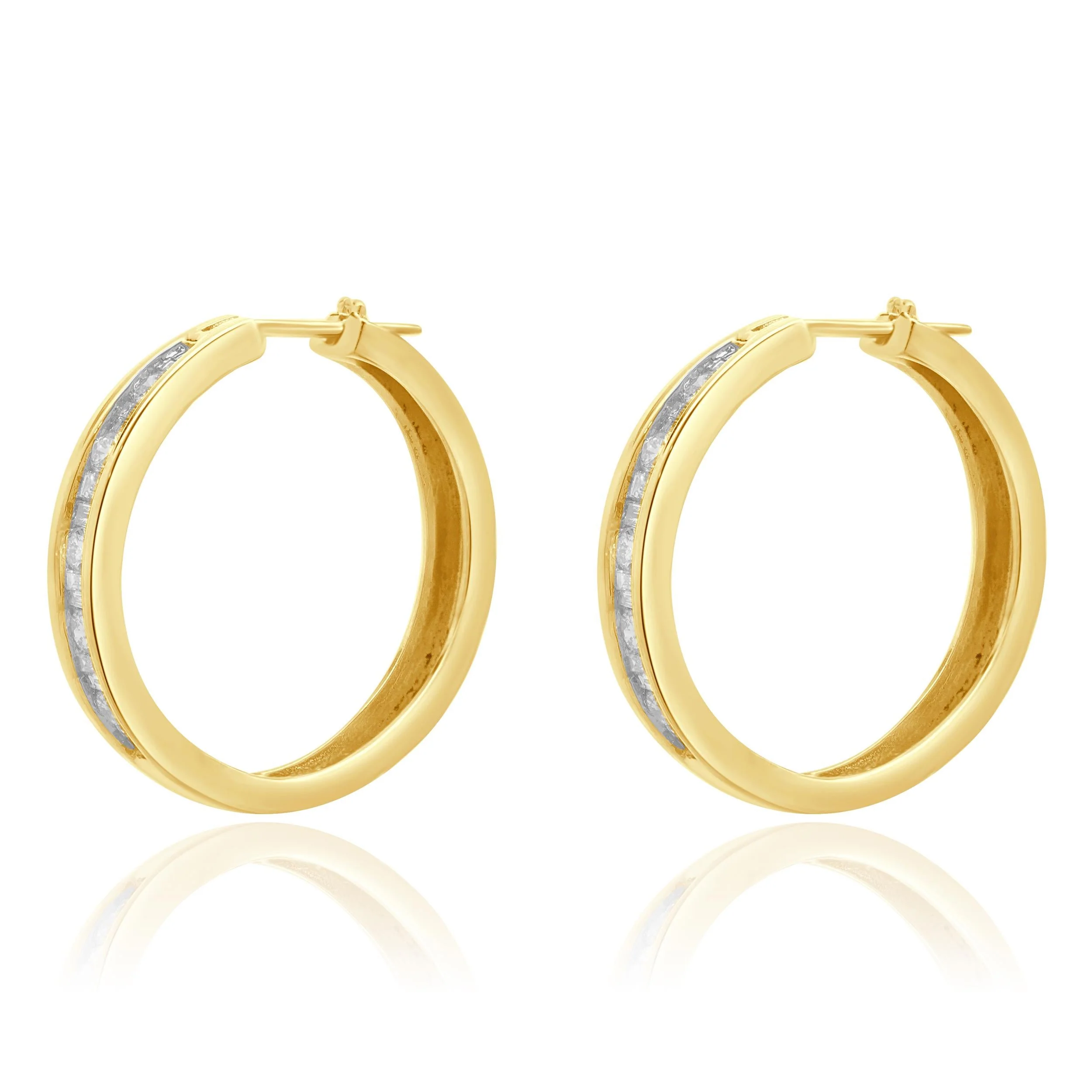 10 Karat Yellow Gold Channel Set Diamond Hoop Earrings - Image 2