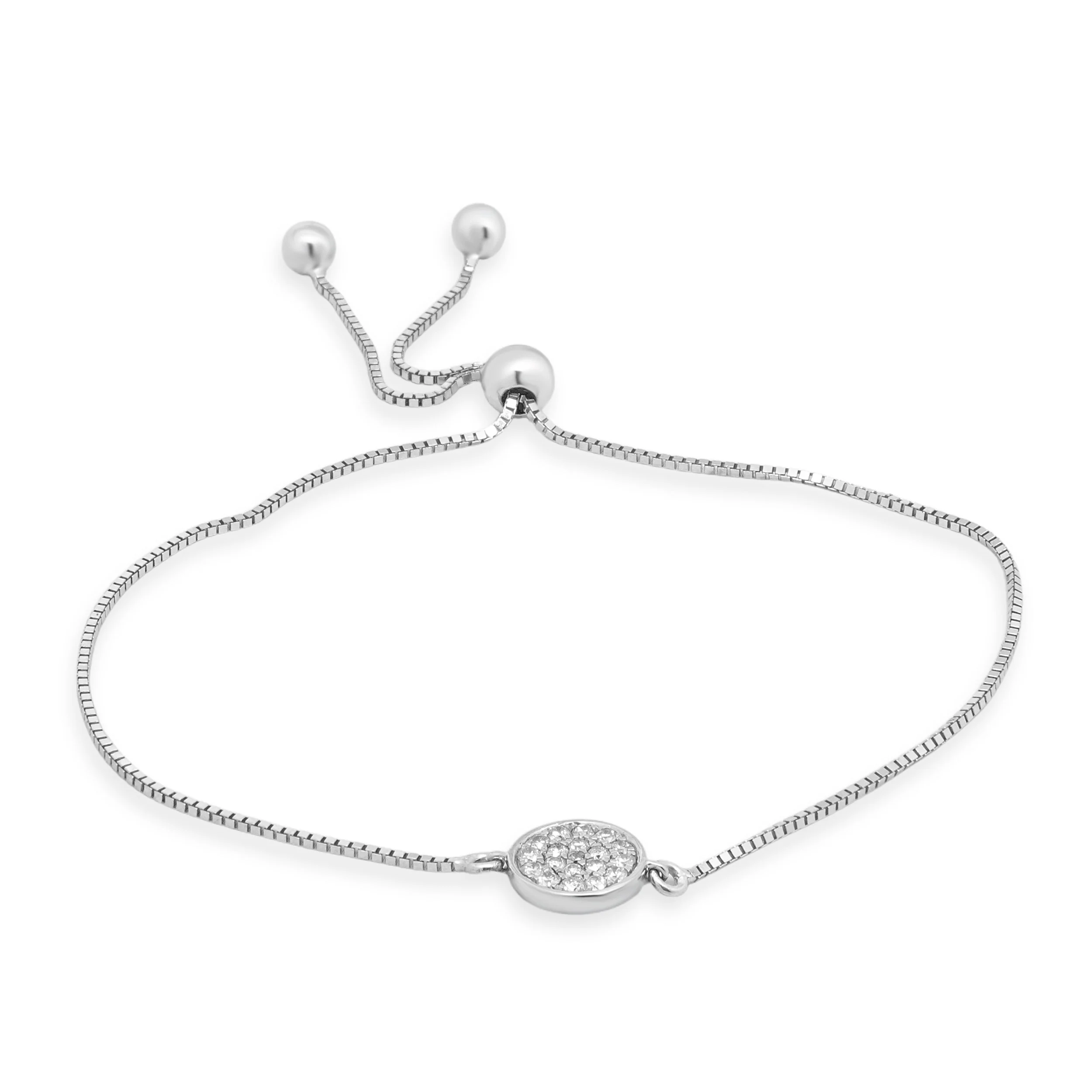 10K White Gold Pave Diamond Disc Station Adjustable Bracelet 6.5-8.5"