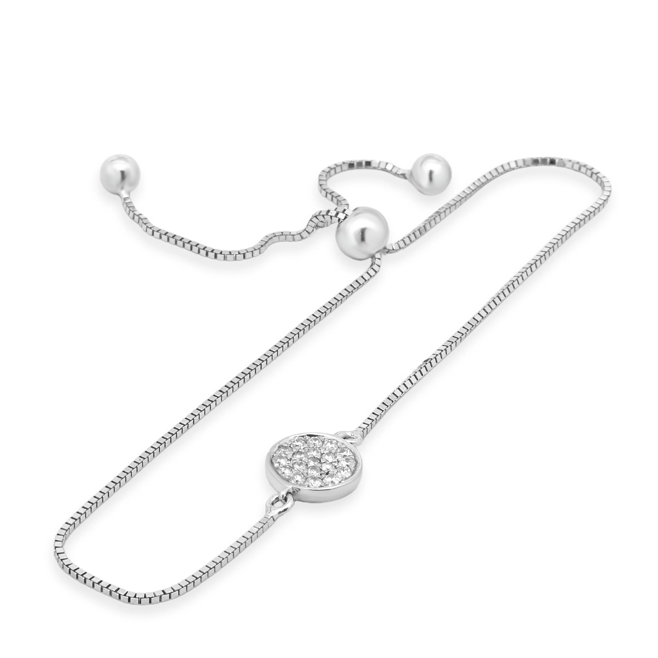10K White Gold Pave Diamond Disc Station Adjustable Bracelet 6.5-8.5" - Image 2