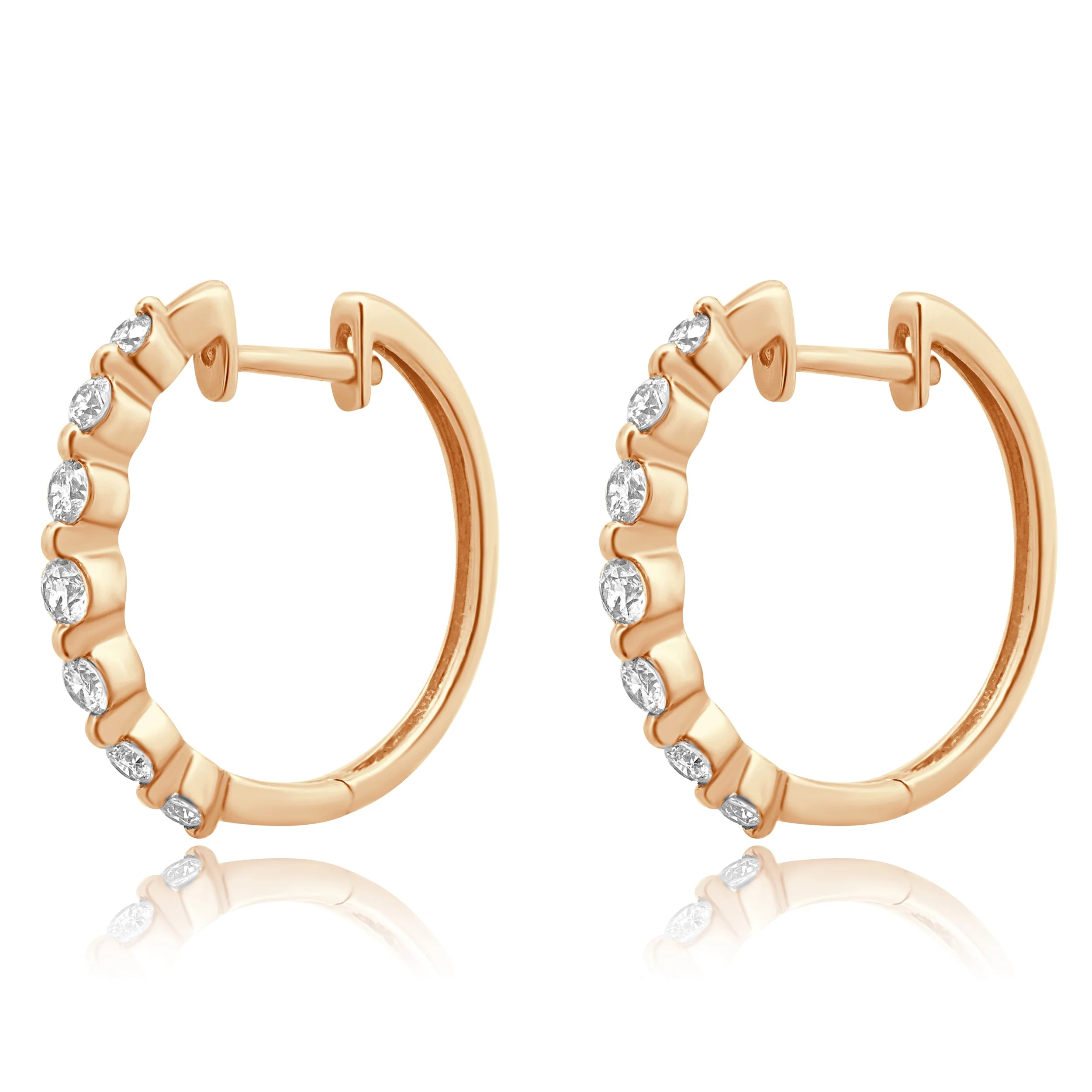 14 Karat Rose Gold and Shared Prong Set Round Diamond Hoop Earrings 20mm - Image 2