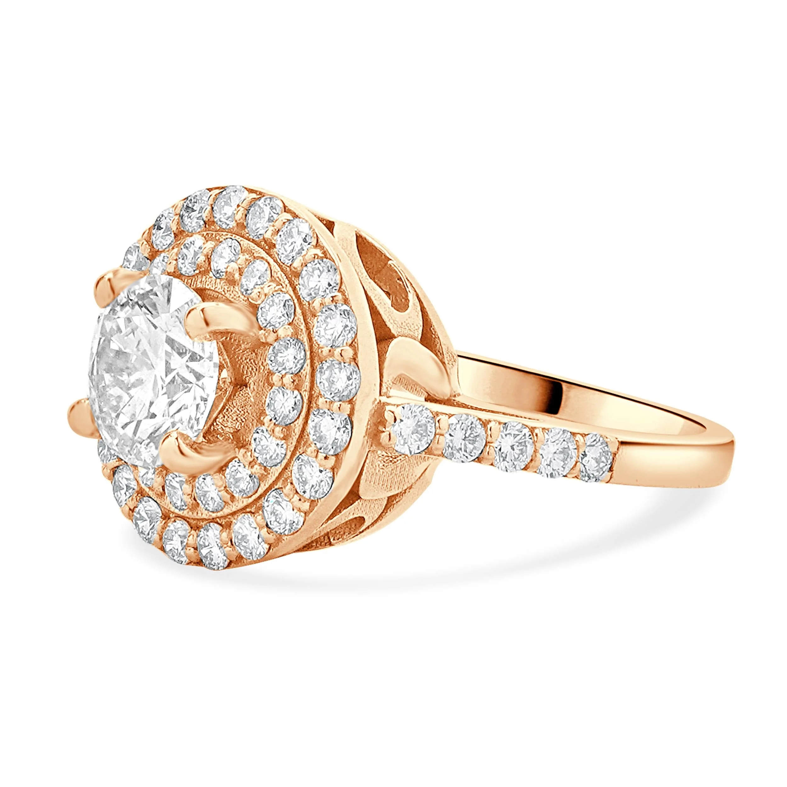 14 Karat Rose Gold Double Halo Round Diamond Engagement Ring - Image 2