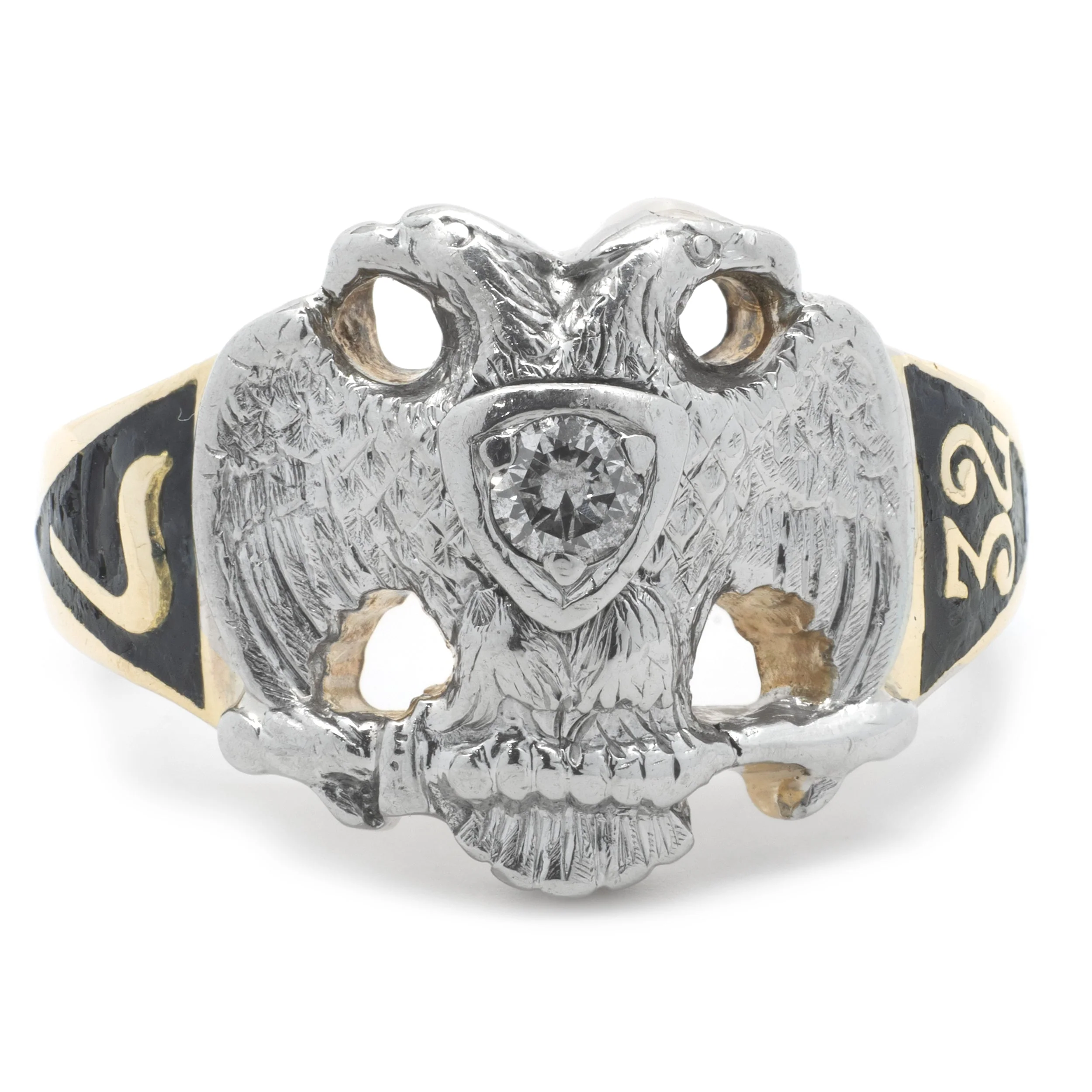 14 Karat Two Tone Vintage 1932 Diamond Masonic Ring