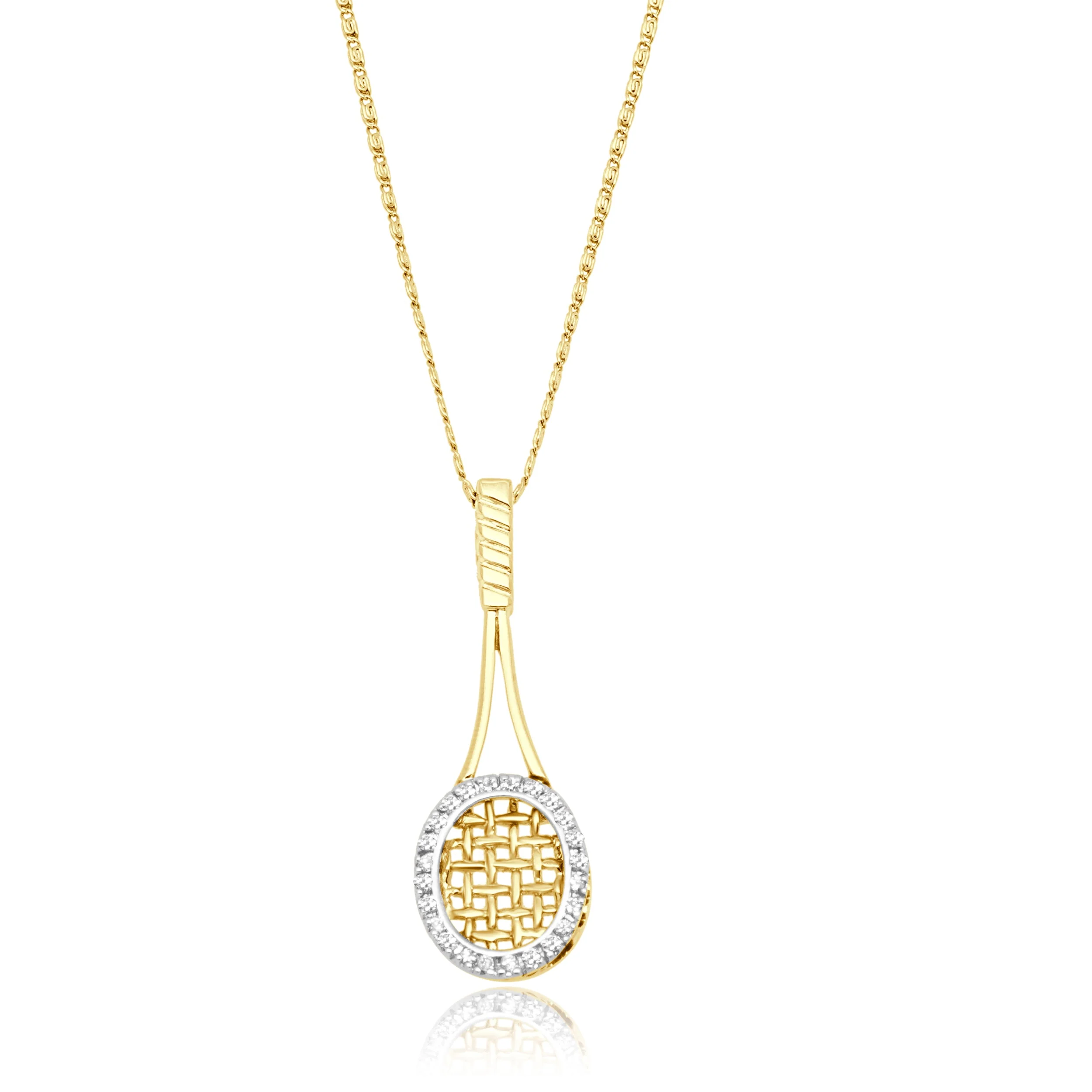 14 Karat Two-Tone Yellow and White Gold Round Diamond Tennis Racket Pendant Necklace 21-7/8"