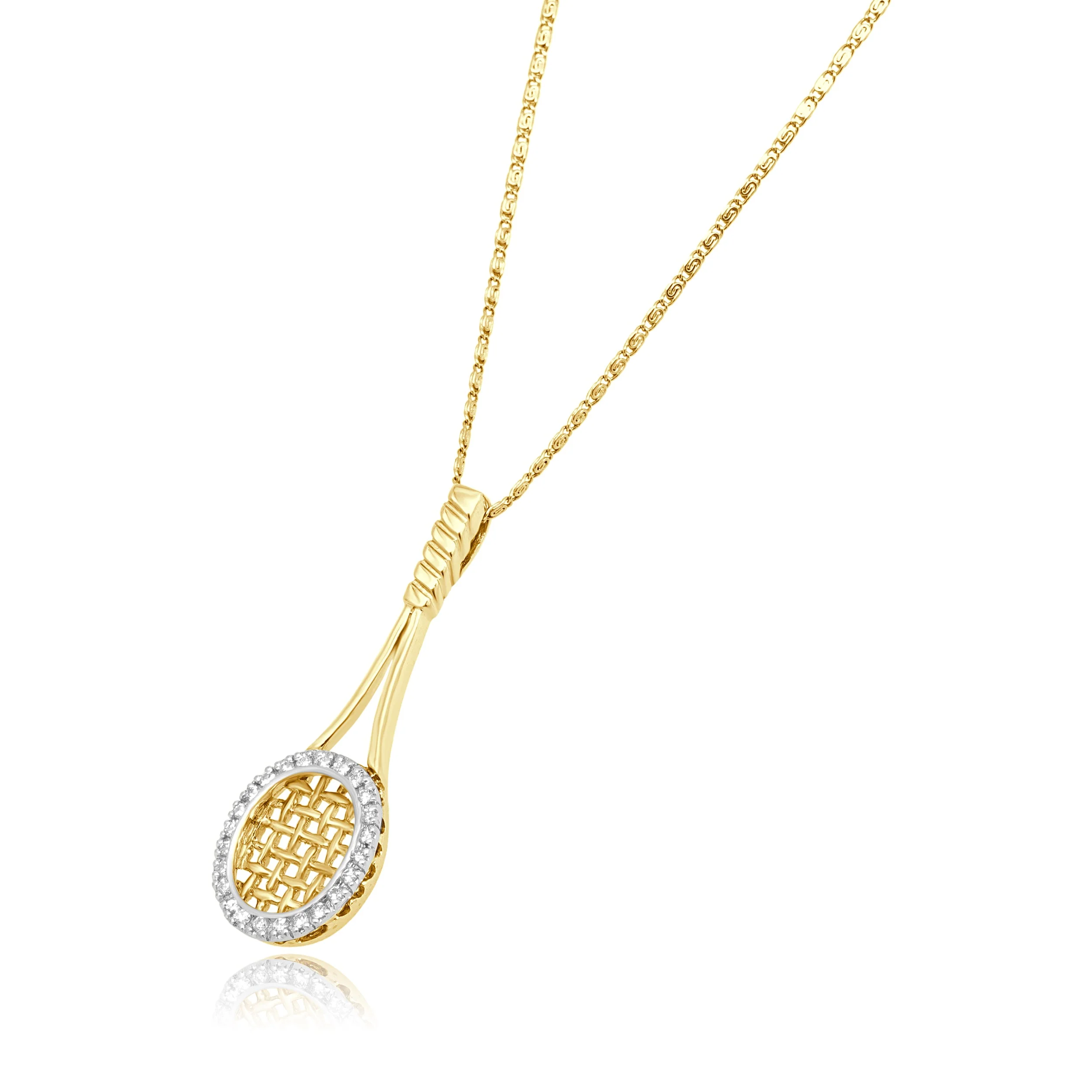 14 Karat Two-Tone Yellow and White Gold Round Diamond Tennis Racket Pendant Necklace 21-7/8" - Image 2