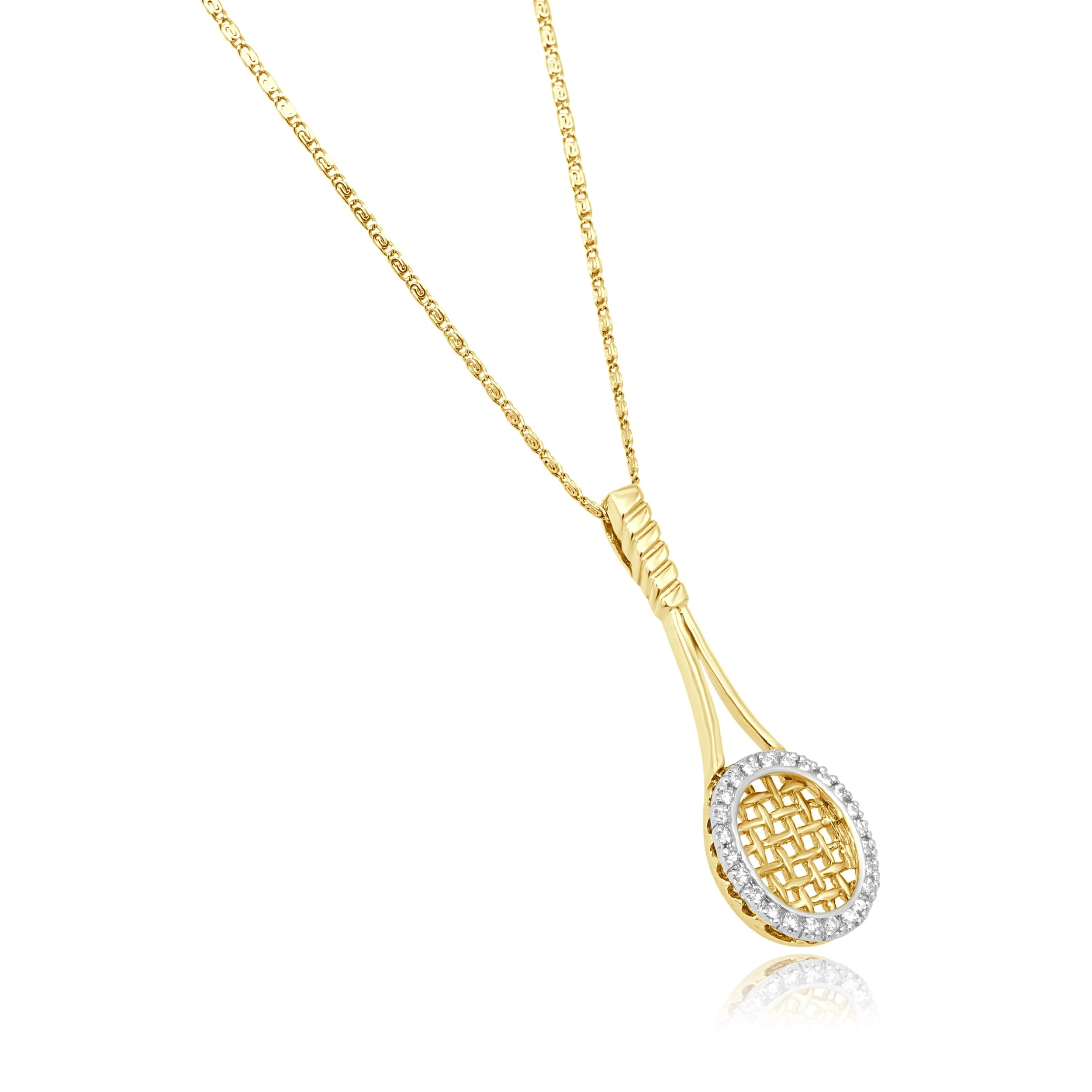 14 Karat Two-Tone Yellow and White Gold Round Diamond Tennis Racket Pendant Necklace 21-7/8" - Image 3