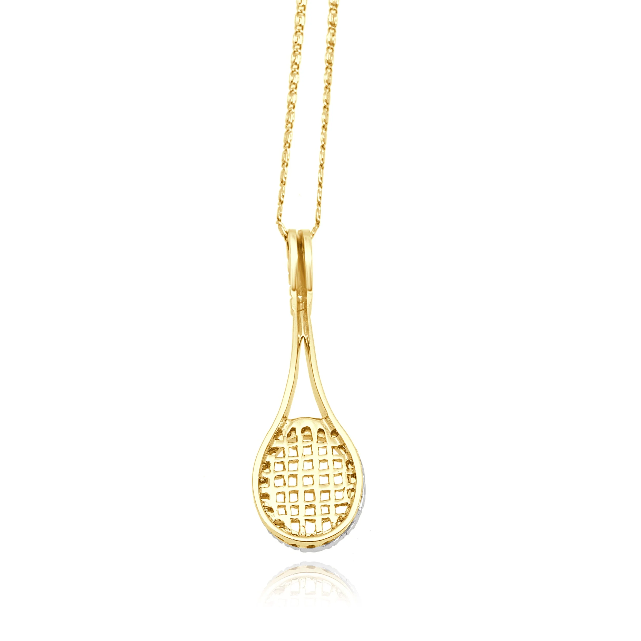14 Karat Two-Tone Yellow and White Gold Round Diamond Tennis Racket Pendant Necklace 21-7/8" - Image 4