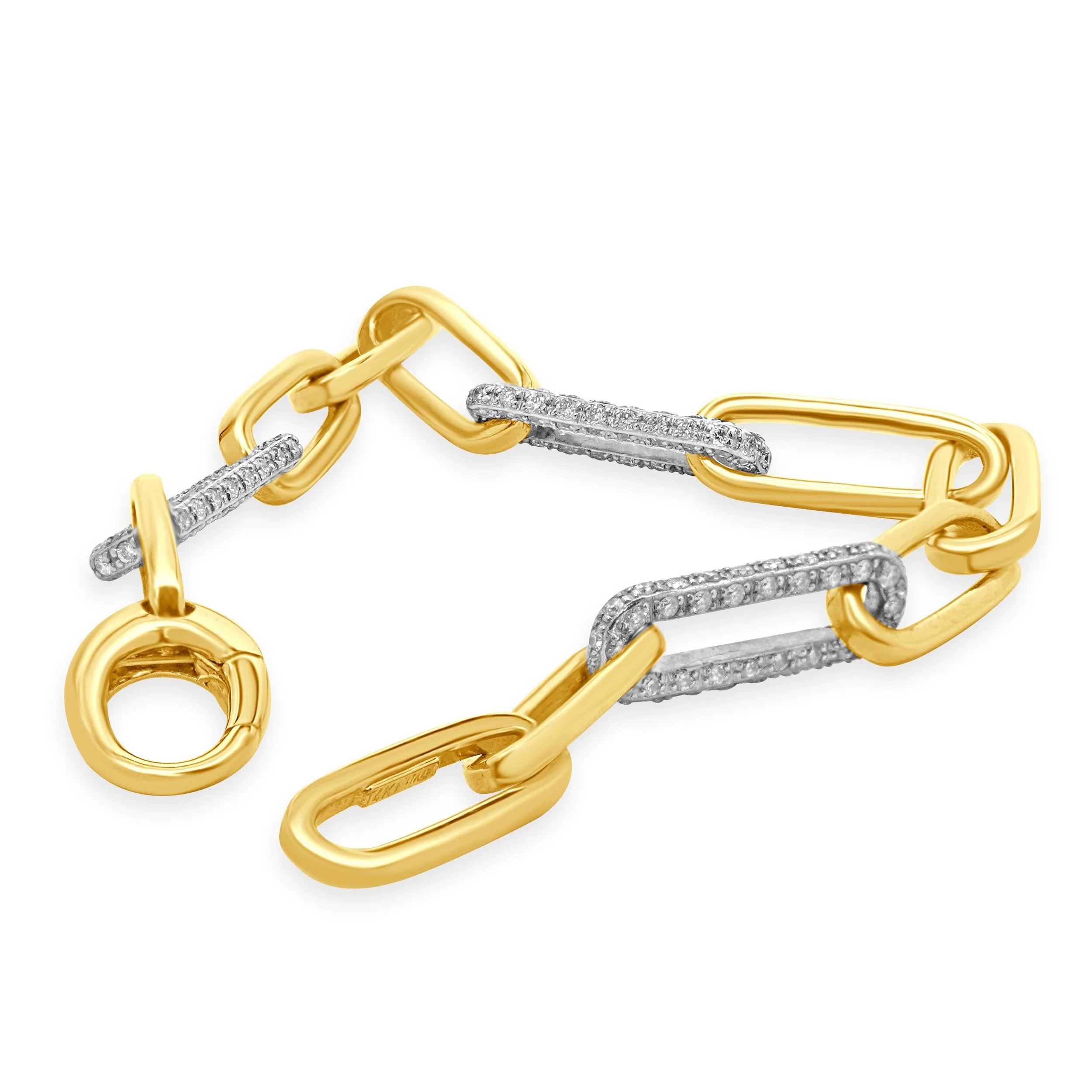 14 Karat White and Yellow Gold Alternating Diamond Paperclip Link Bracelet - Image 3