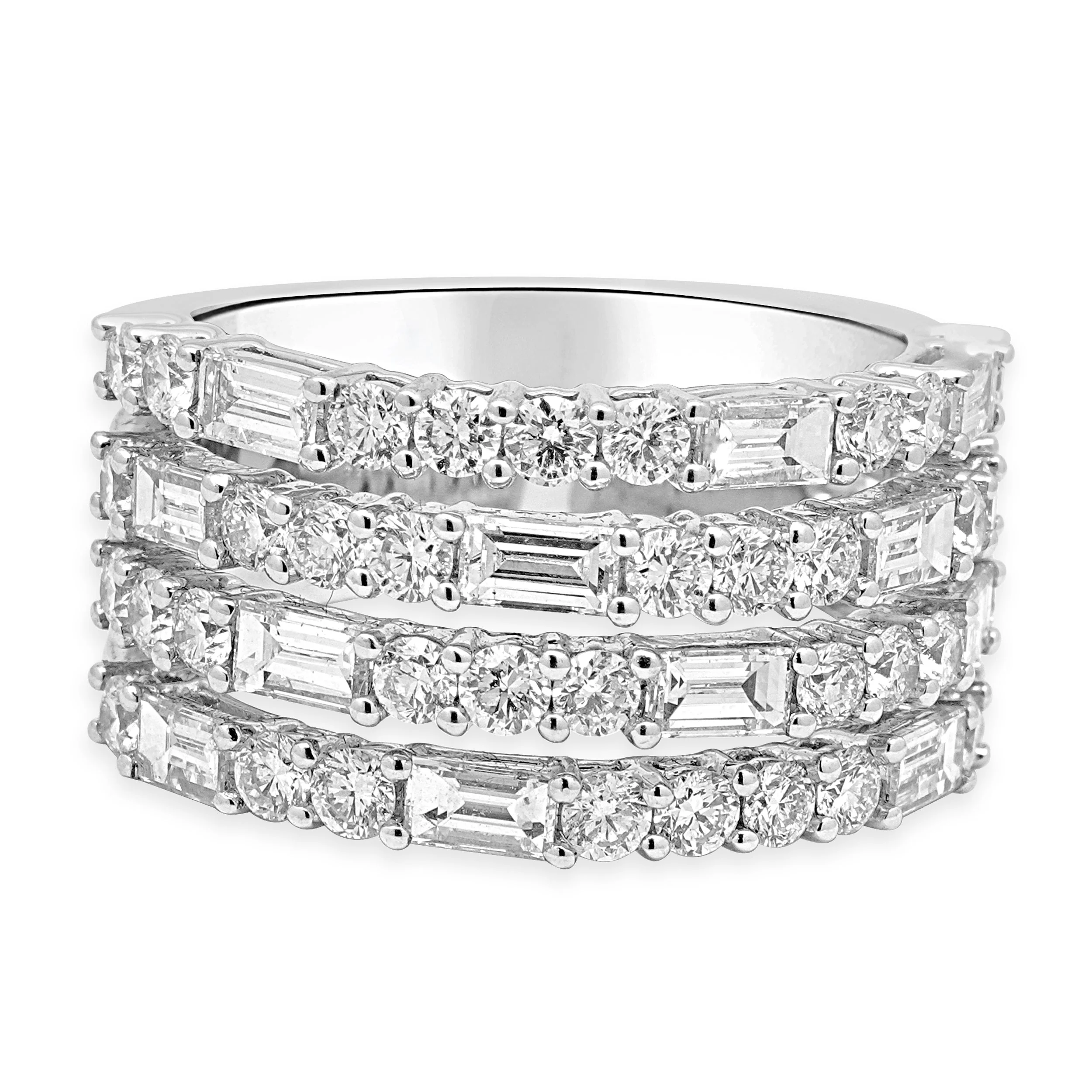 14 Karat White Gold 4-Row Round and Baguette Cut Diamond Band