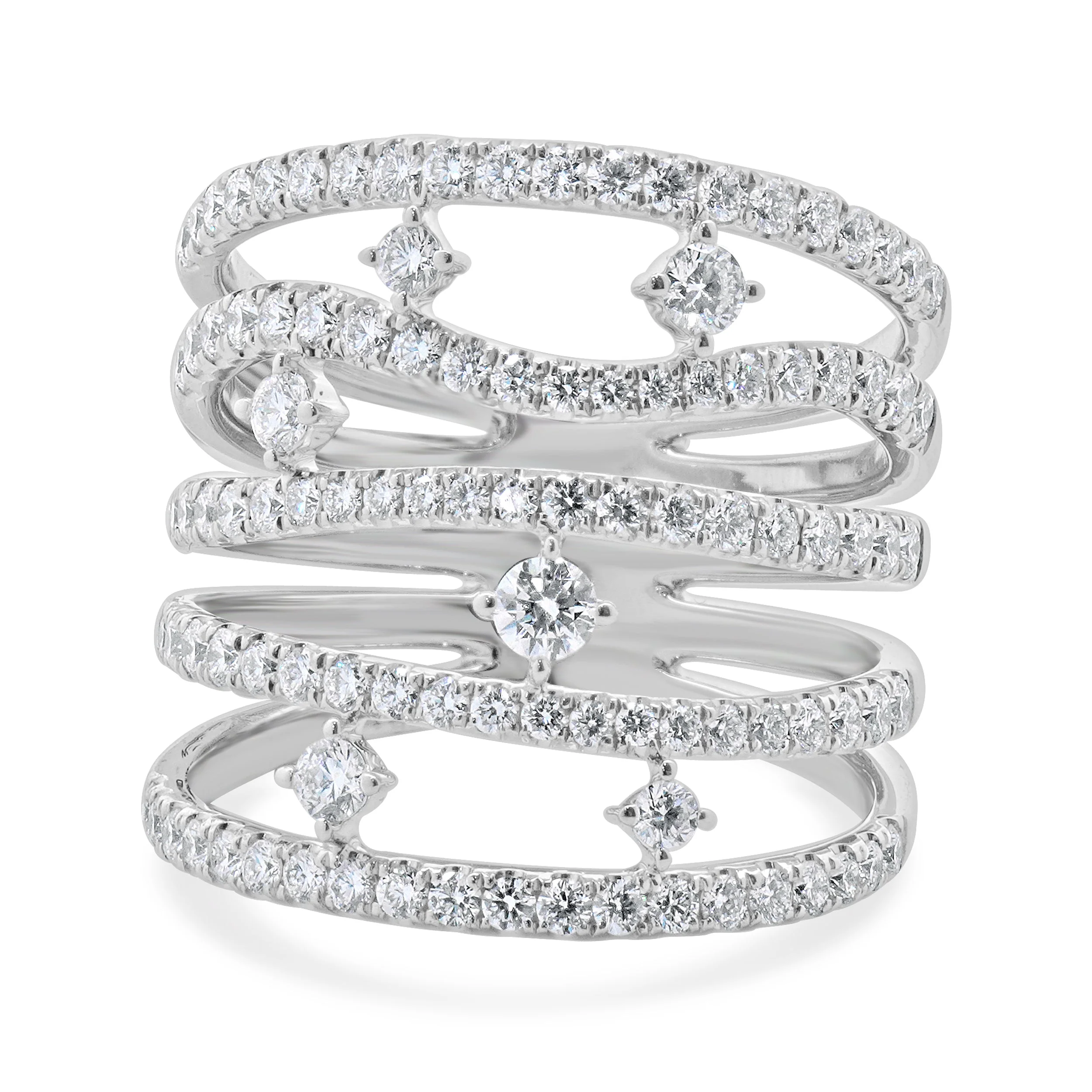 14 Karat White Gold 5 Row Sprinkled Diamond Fashion Ring