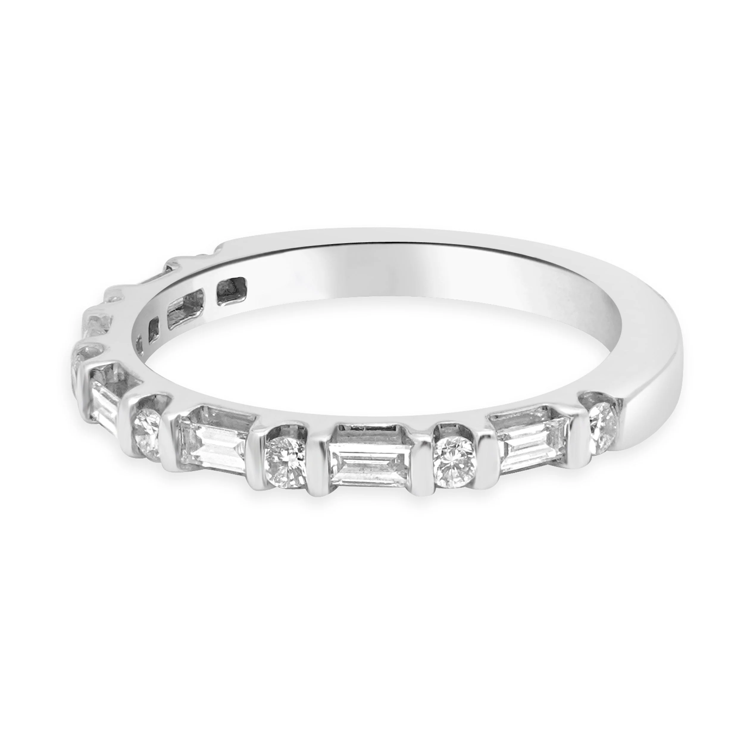 14 Karat White Gold Alternating Round and Baguette Cut Diamond Band - Image 2
