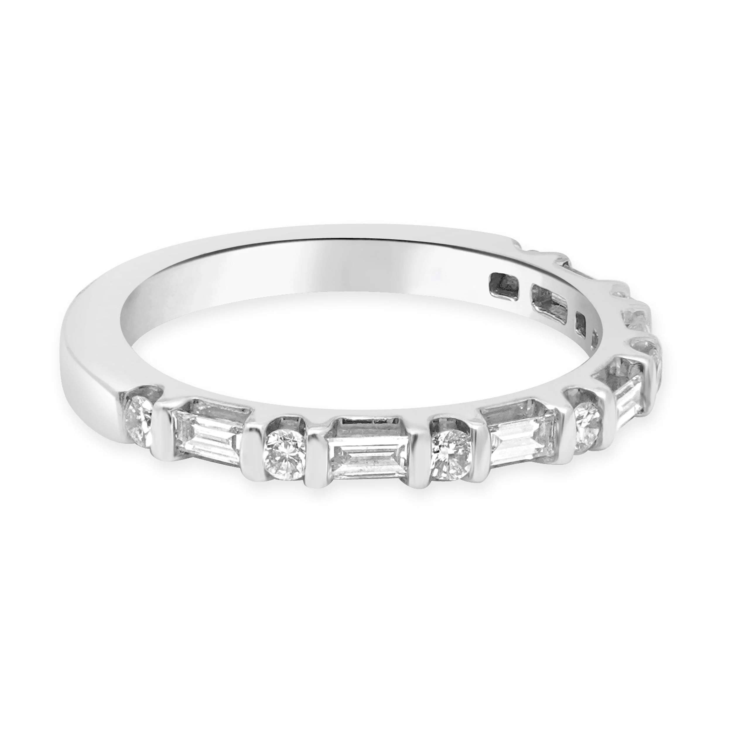 14 Karat White Gold Alternating Round and Baguette Cut Diamond Band - Image 3