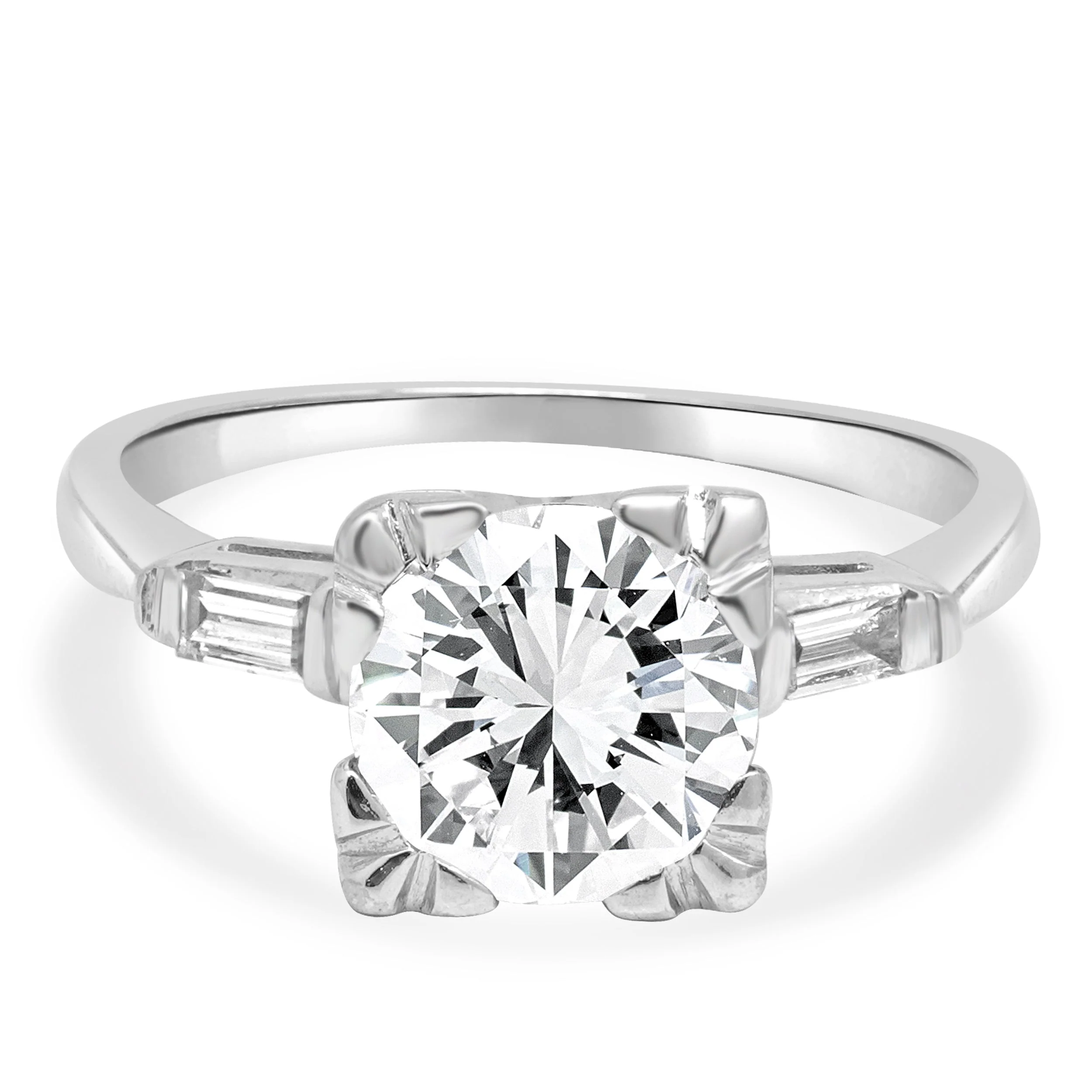 14 Karat White Gold and GIA Certified Old European Brilliant Cut and Baguette Cut Diamond Engagement Ring