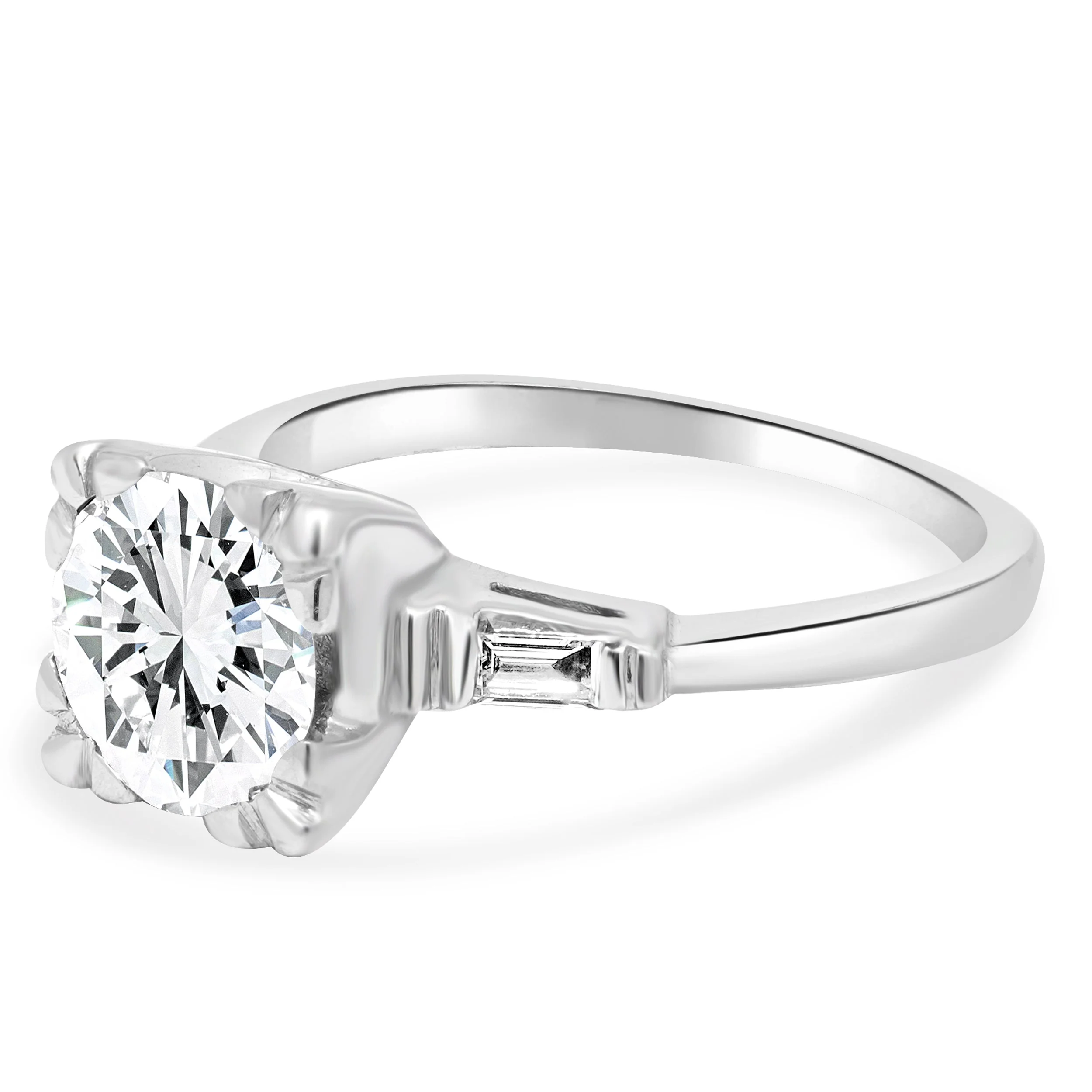 14 Karat White Gold and GIA Certified Old European Brilliant Cut and Baguette Cut Diamond Engagement Ring - Image 2
