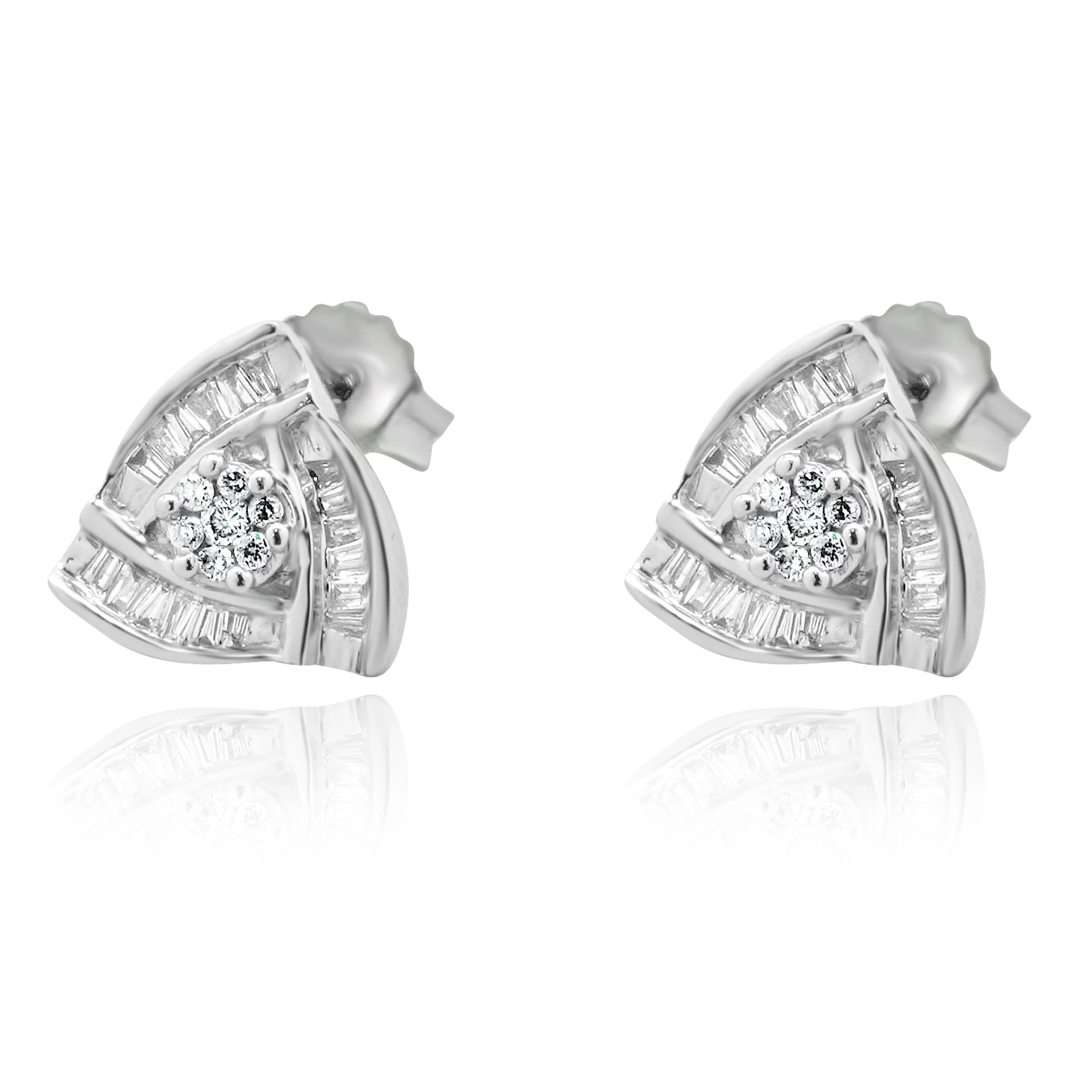 14 Karat White Gold Baguette and Round Bypass Diamond Earrings