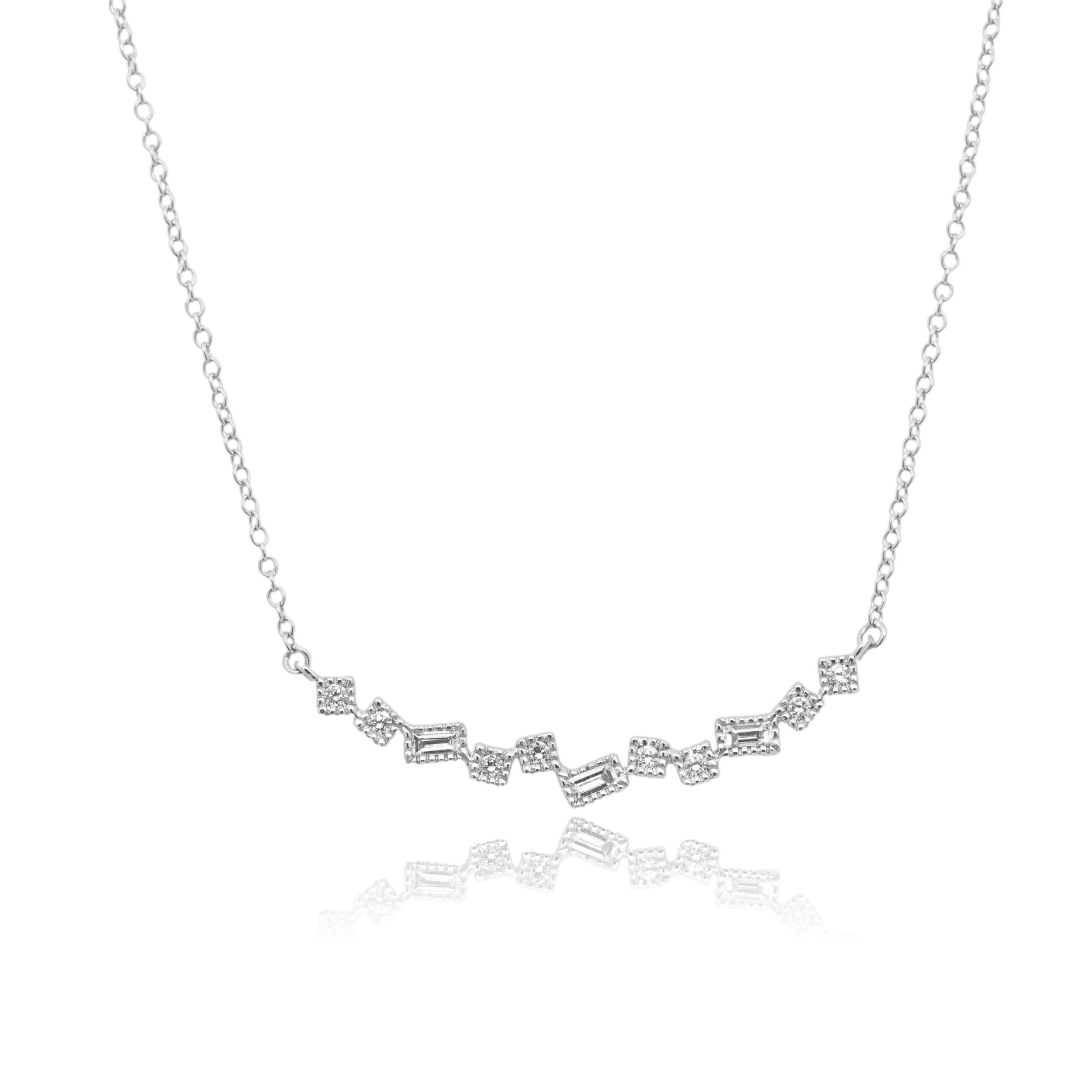 14 Karat White Gold Baguette Cut and Round Diamond Smile Necklace