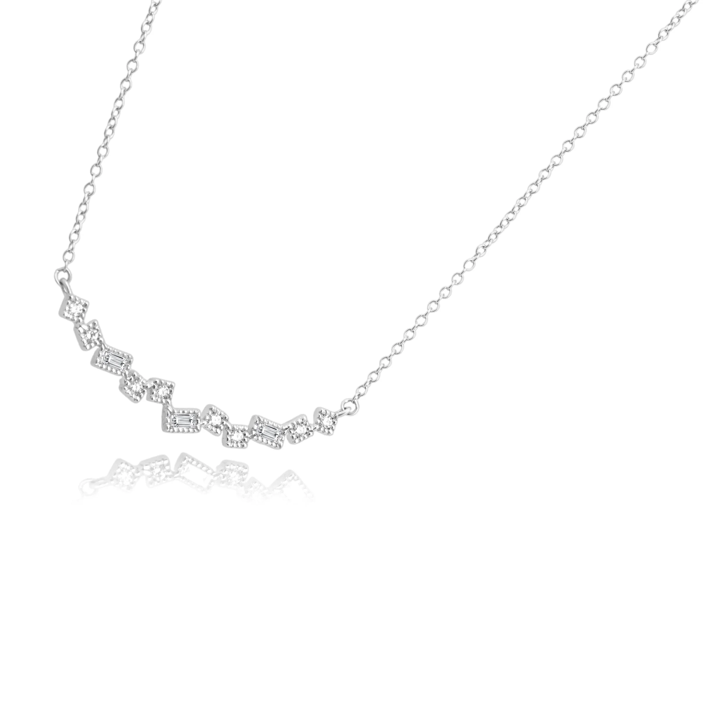 14 Karat White Gold Baguette Cut and Round Diamond Smile Necklace - Image 2
