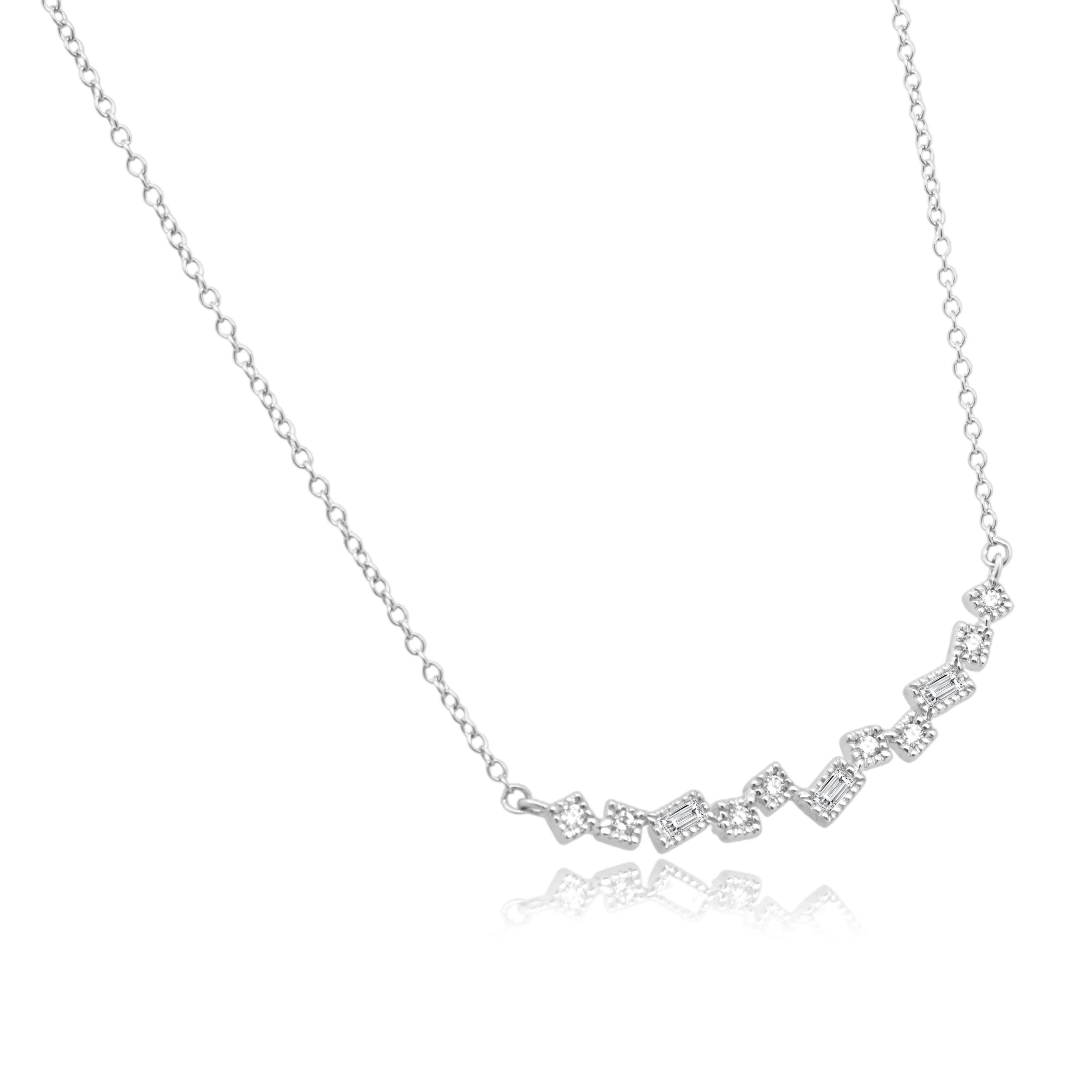 14 Karat White Gold Baguette Cut and Round Diamond Smile Necklace - Image 3