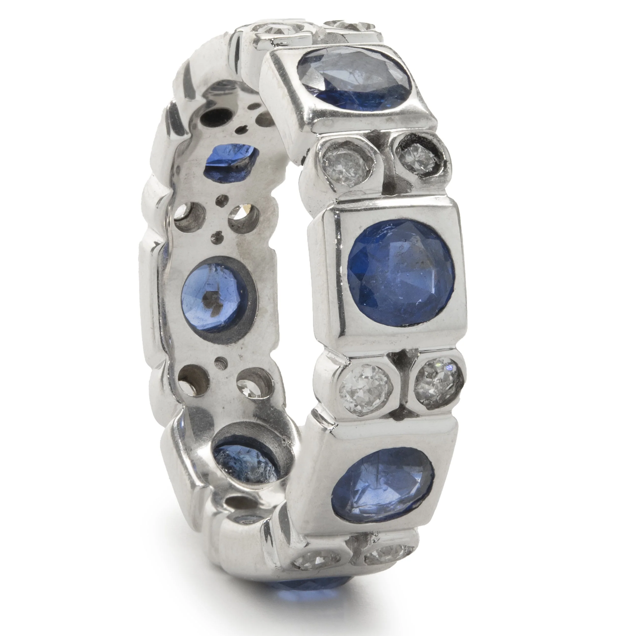 14 Karat White Gold Bezel Set Sapphire and Diamond Band - Image 2