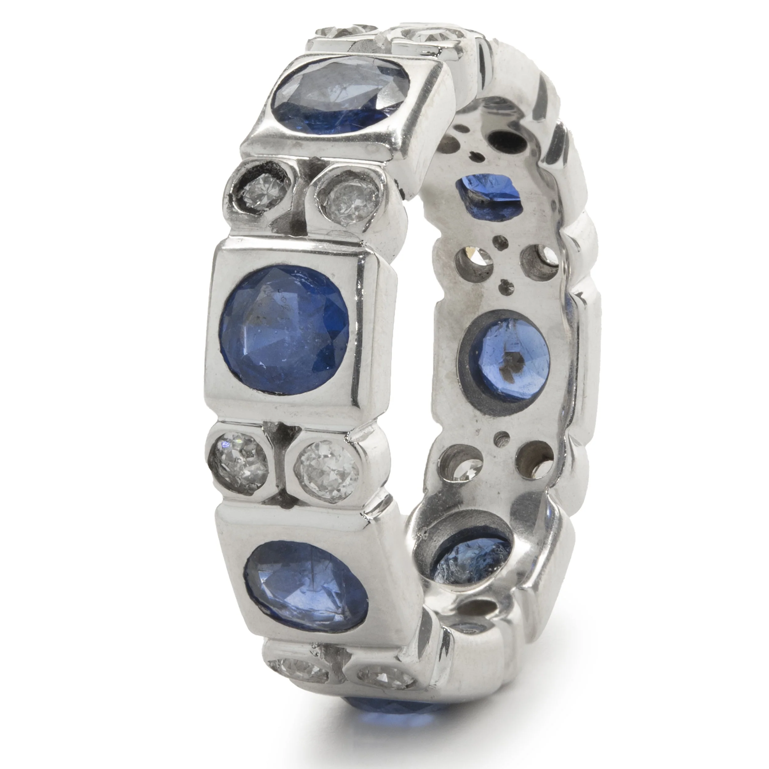 14 Karat White Gold Bezel Set Sapphire and Diamond Band - Image 4