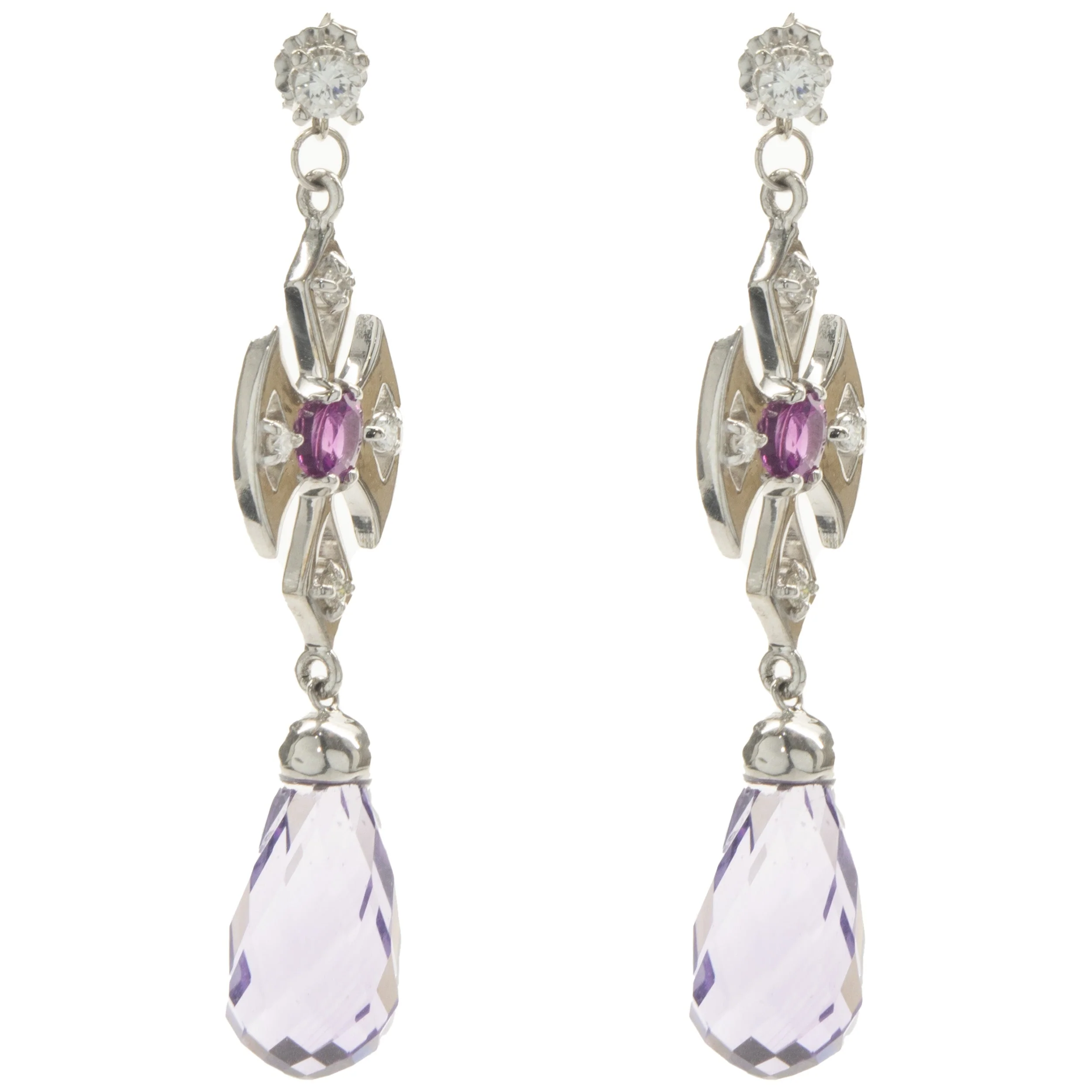 14 Karat White Gold Briolette Amethyst and Ruby Cross Drop Earrings - Image 2