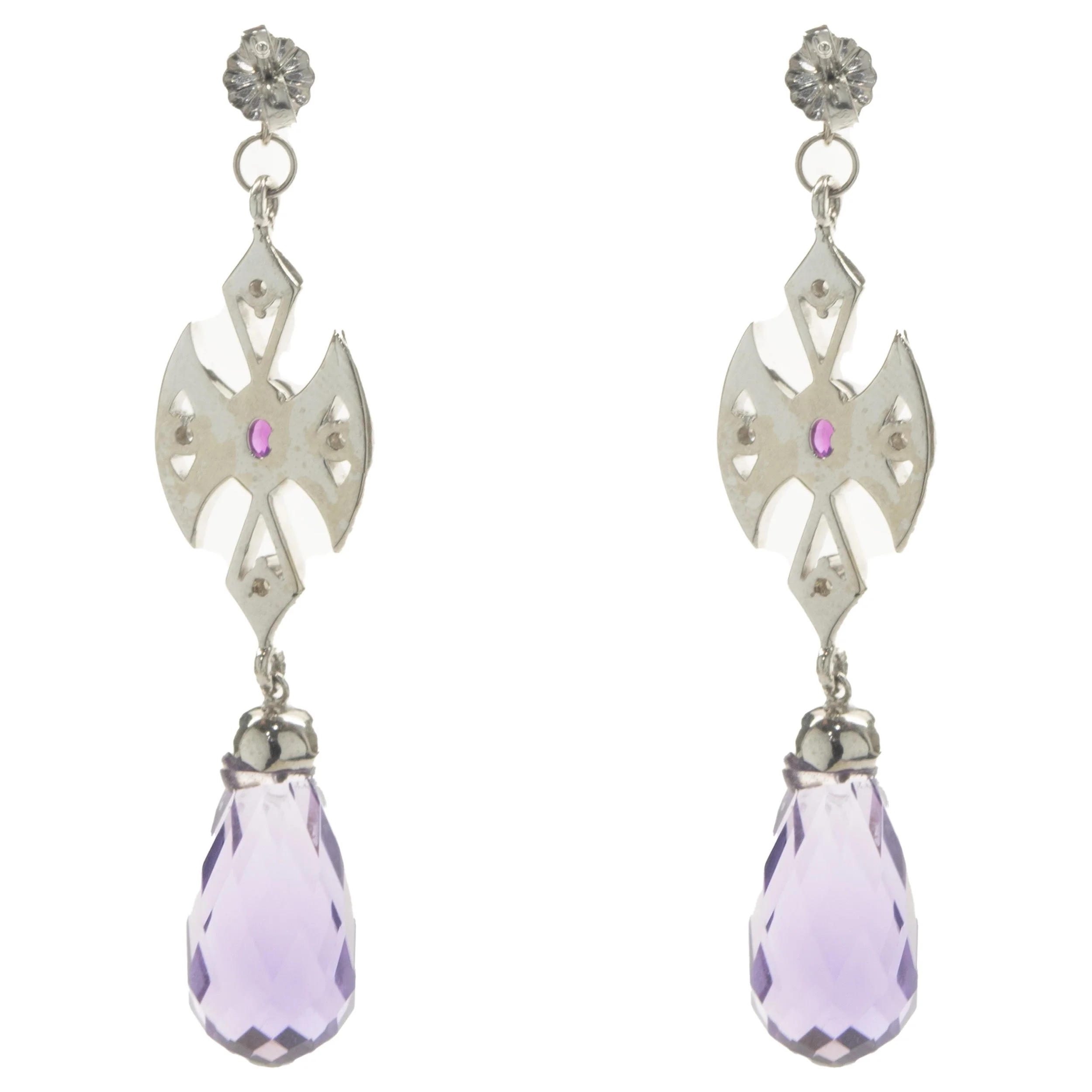 14 Karat White Gold Briolette Amethyst and Ruby Cross Drop Earrings - Image 3