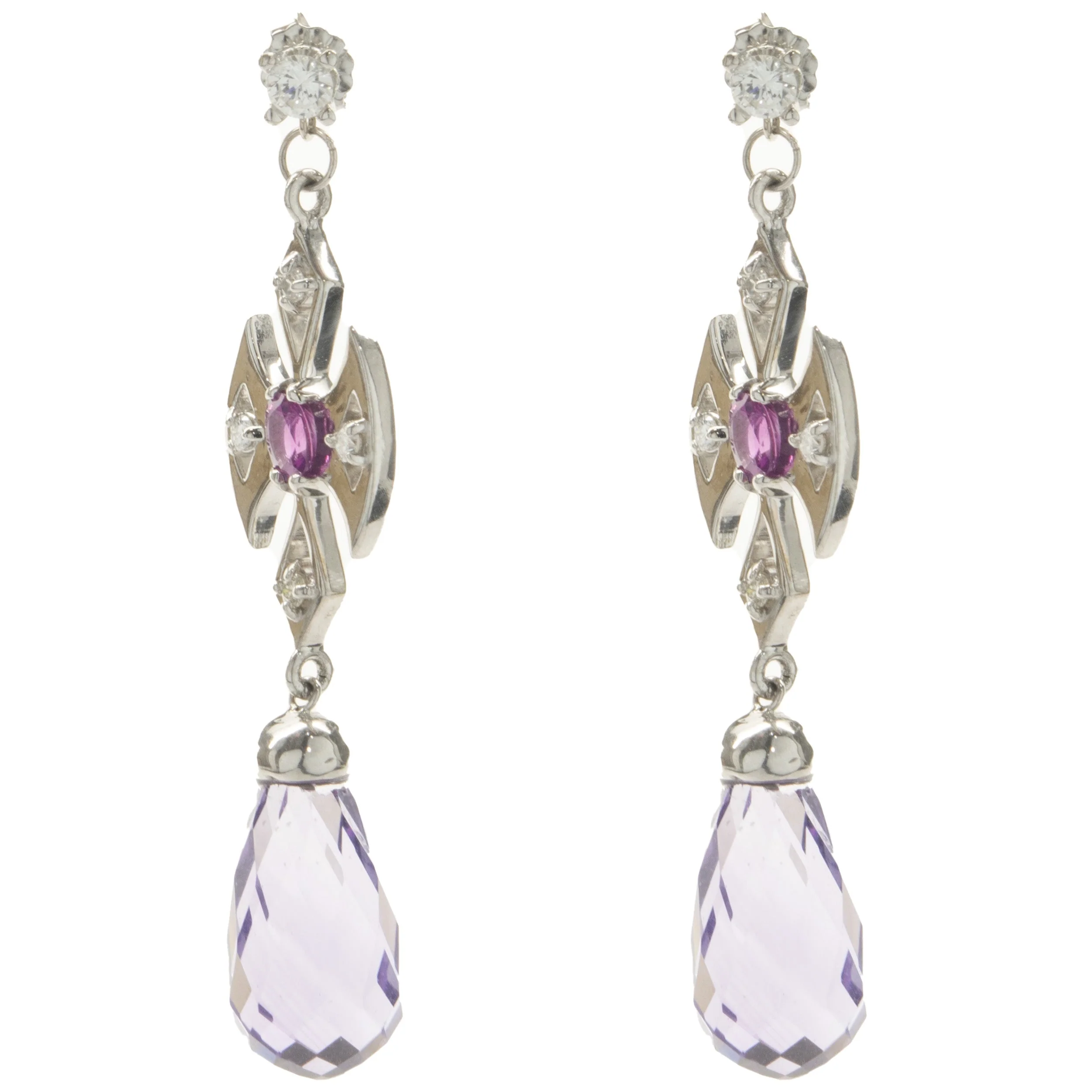 14 Karat White Gold Briolette Amethyst and Ruby Cross Drop Earrings - Image 4