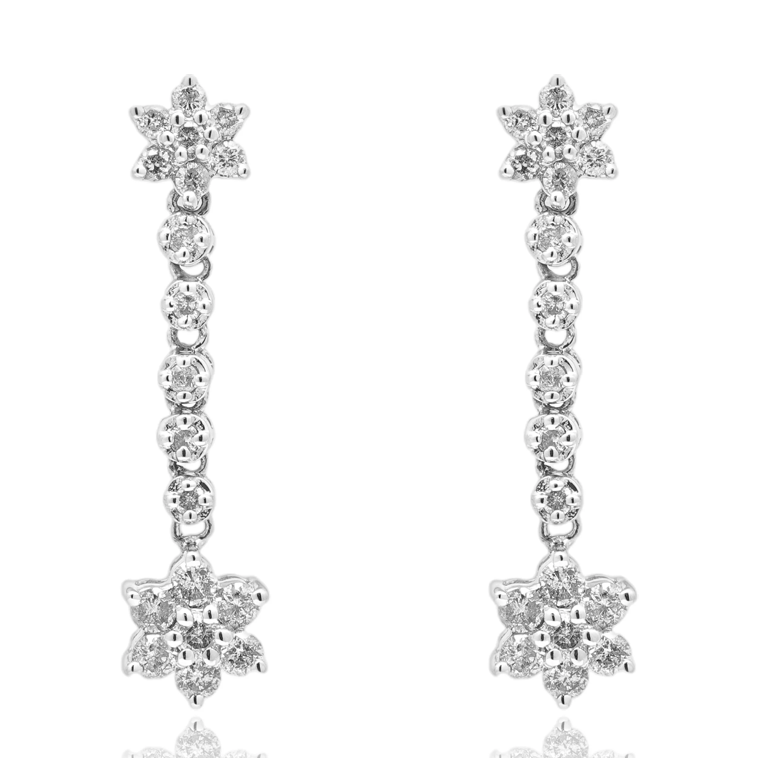 14 Karat White Gold Diamond Flower Drop Earrings