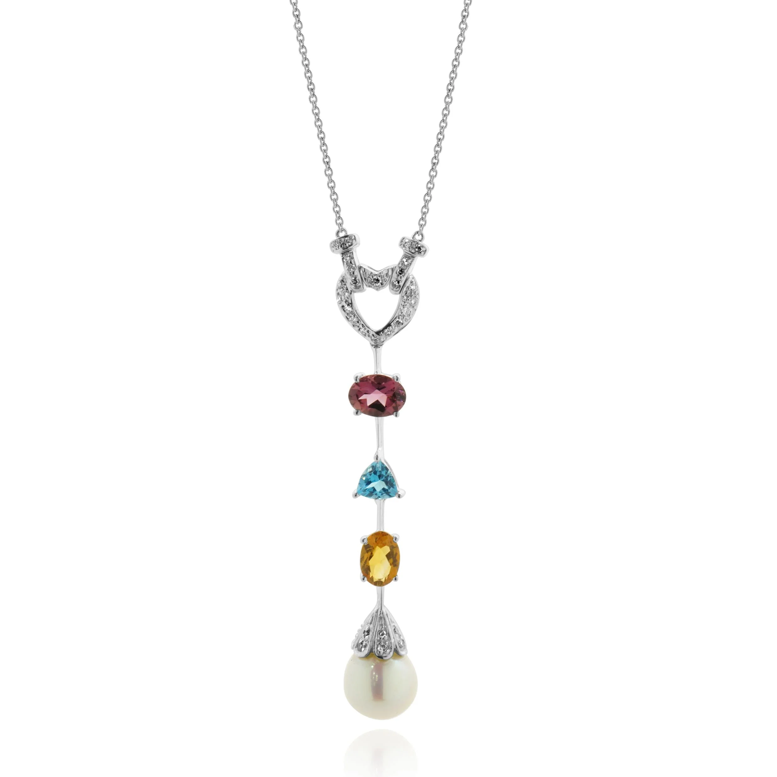 14 Karat White Gold Diamond, Garnet, Blue Topaz, Citrine, and Pearl Heart Drop Necklace