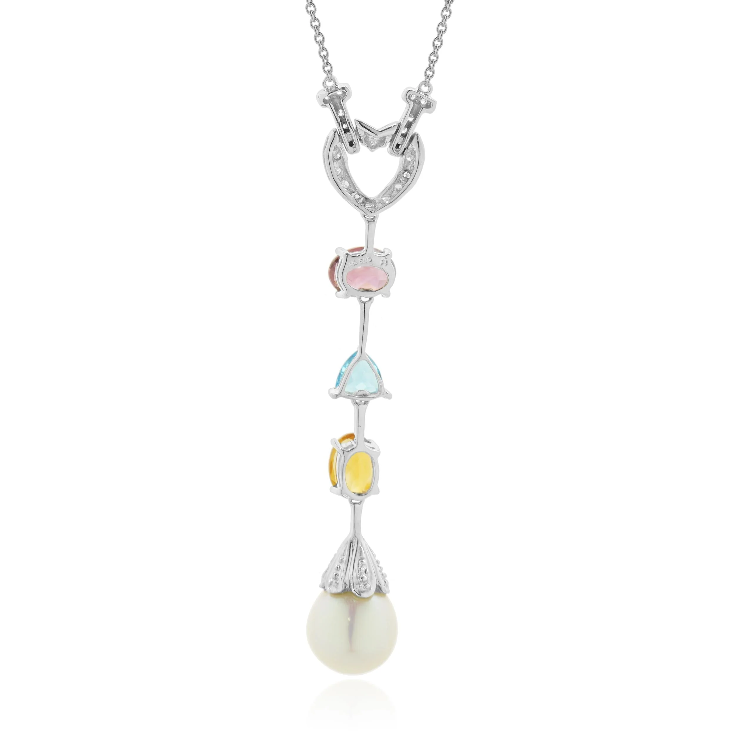 14 Karat White Gold Diamond, Garnet, Blue Topaz, Citrine, and Pearl Heart Drop Necklace - Image 3
