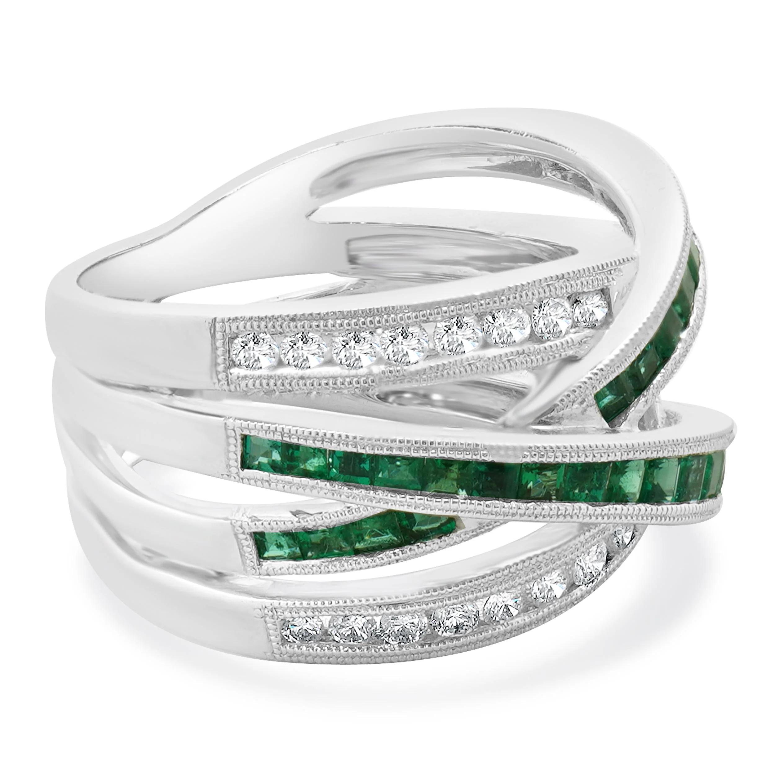 14 Karat White Gold Emerald and Diamond Double Bypass Ring - Image 3