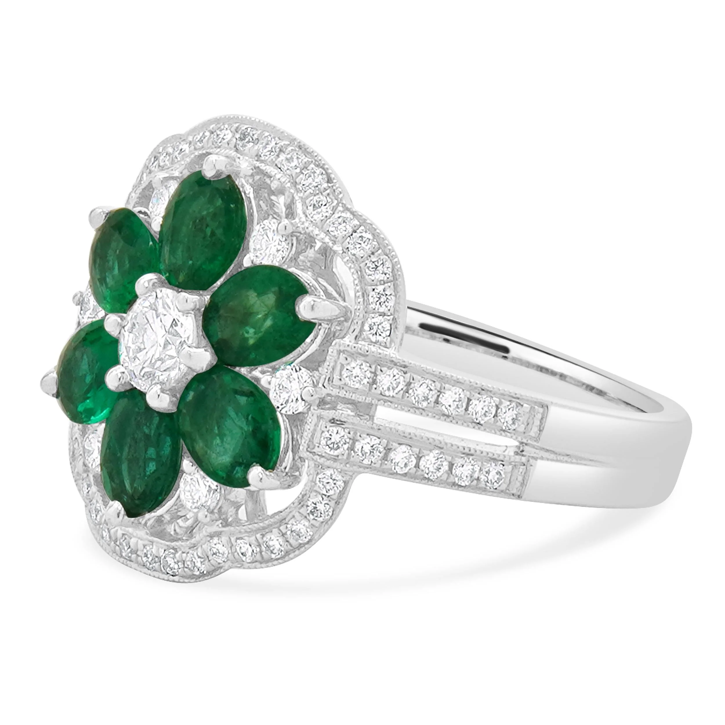 14 Karat White Gold Emerald and Diamond Flower Ring - Image 2