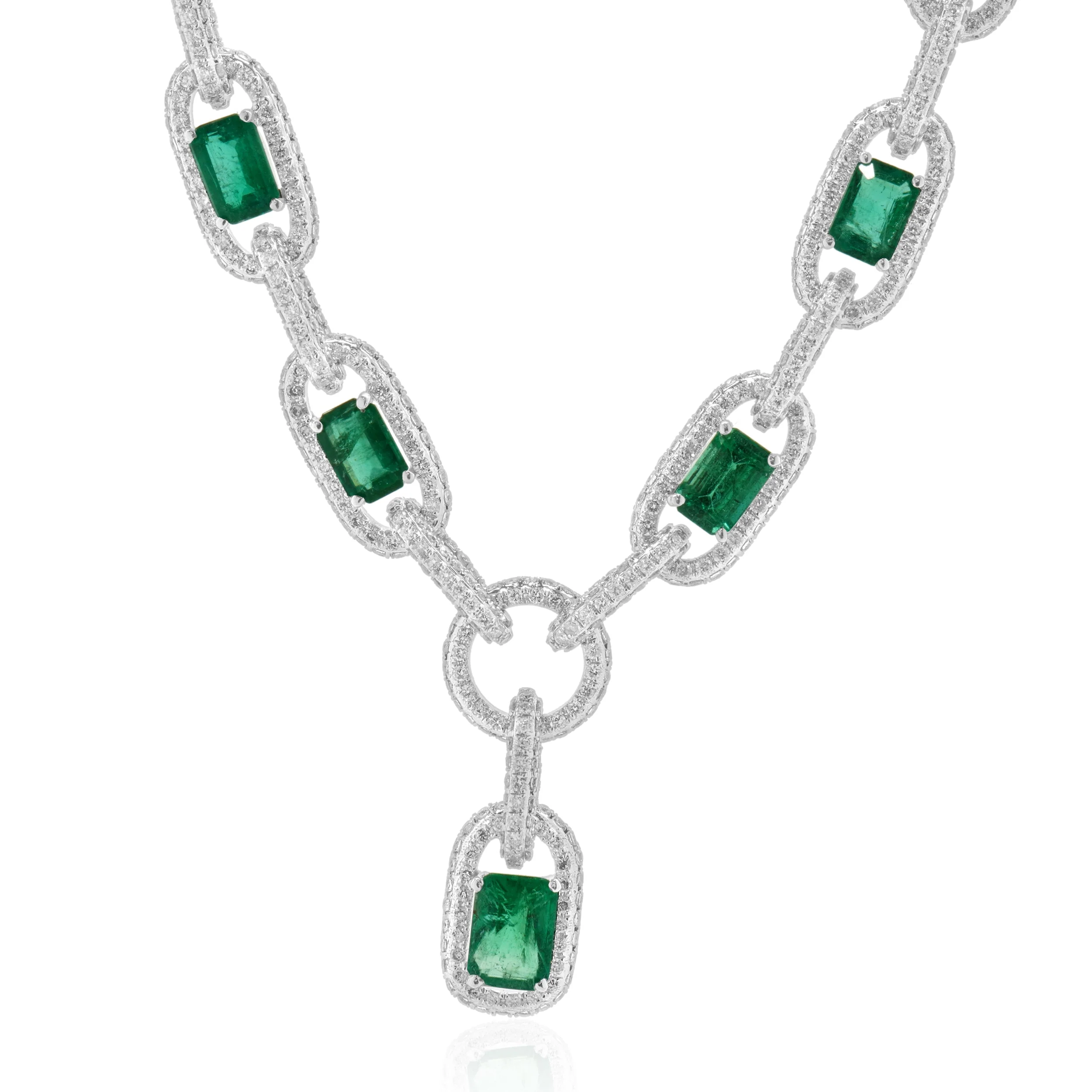 14 Karat White Gold Emerald and Diamond Oval Link Necklace - Image 2