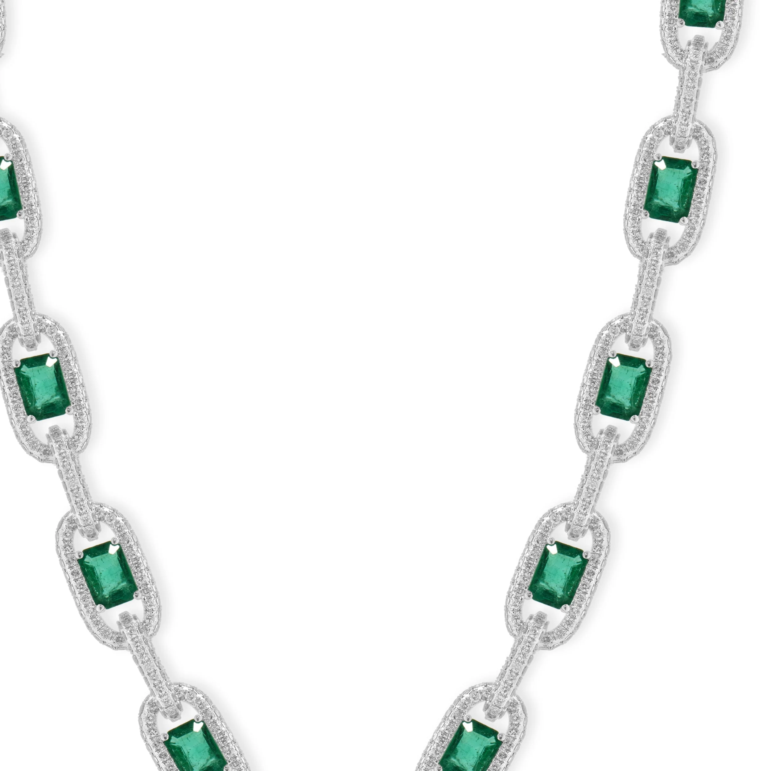 14 Karat White Gold Emerald and Diamond Oval Link Necklace - Image 3