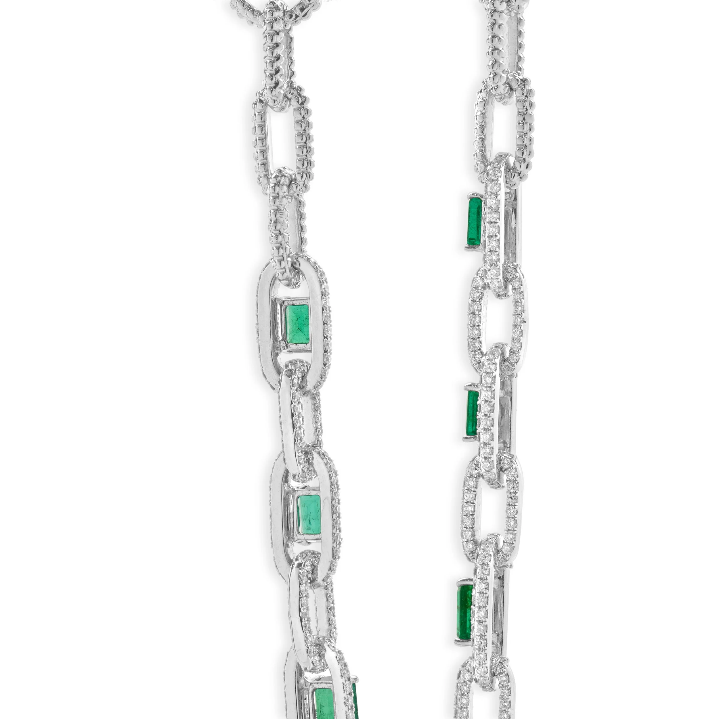 14 Karat White Gold Emerald and Diamond Oval Link Necklace - Image 4