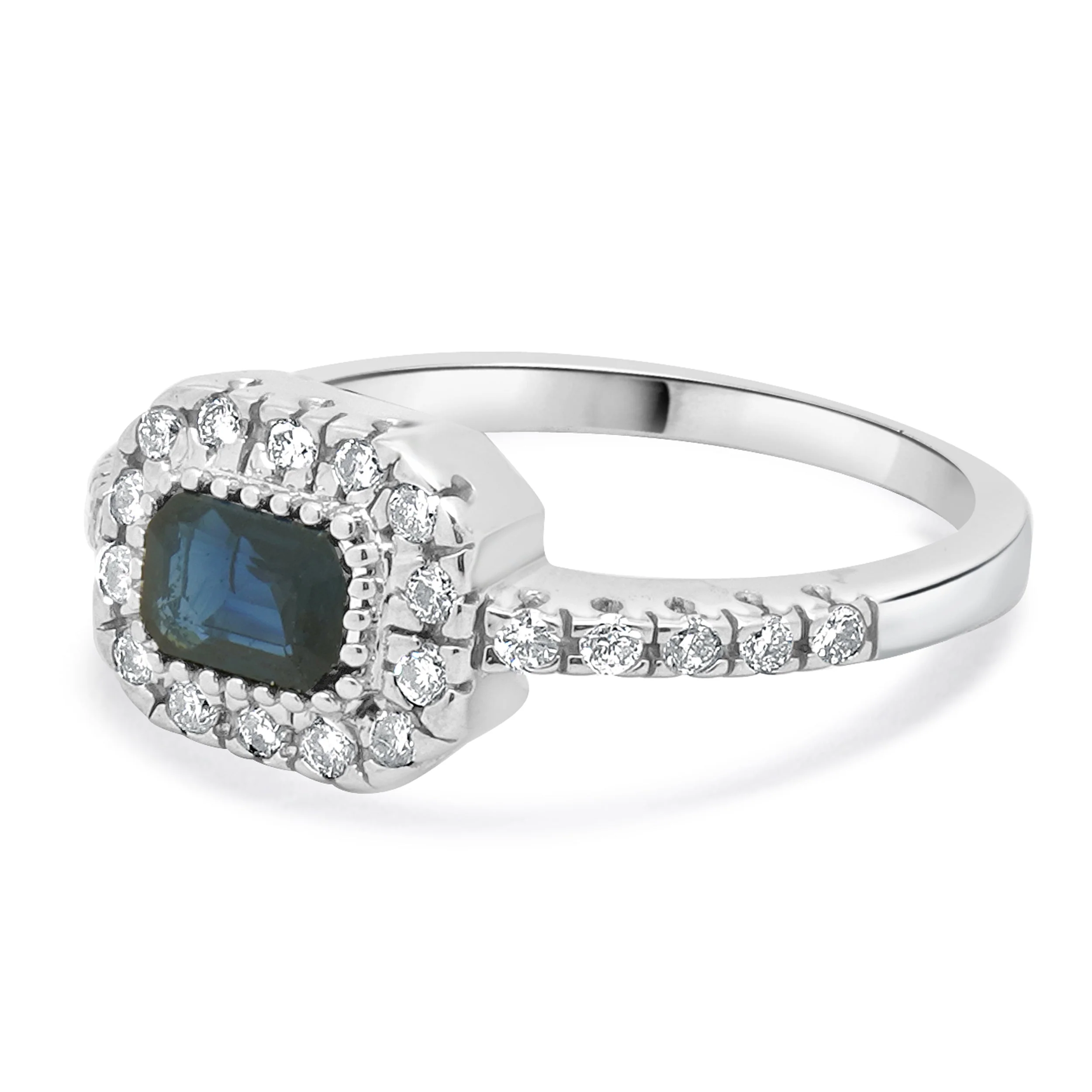 14 Karat White Gold Emerald Cut Sapphire and Diamond Ring - Image 2