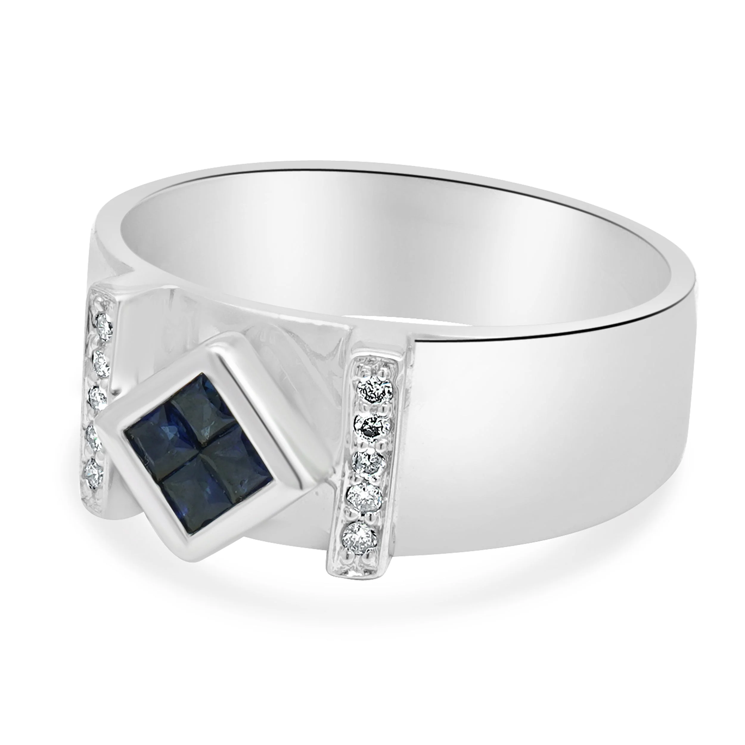 14 Karat White Gold French Cut Blue Sapphire and Round Diamond Ring - Image 2