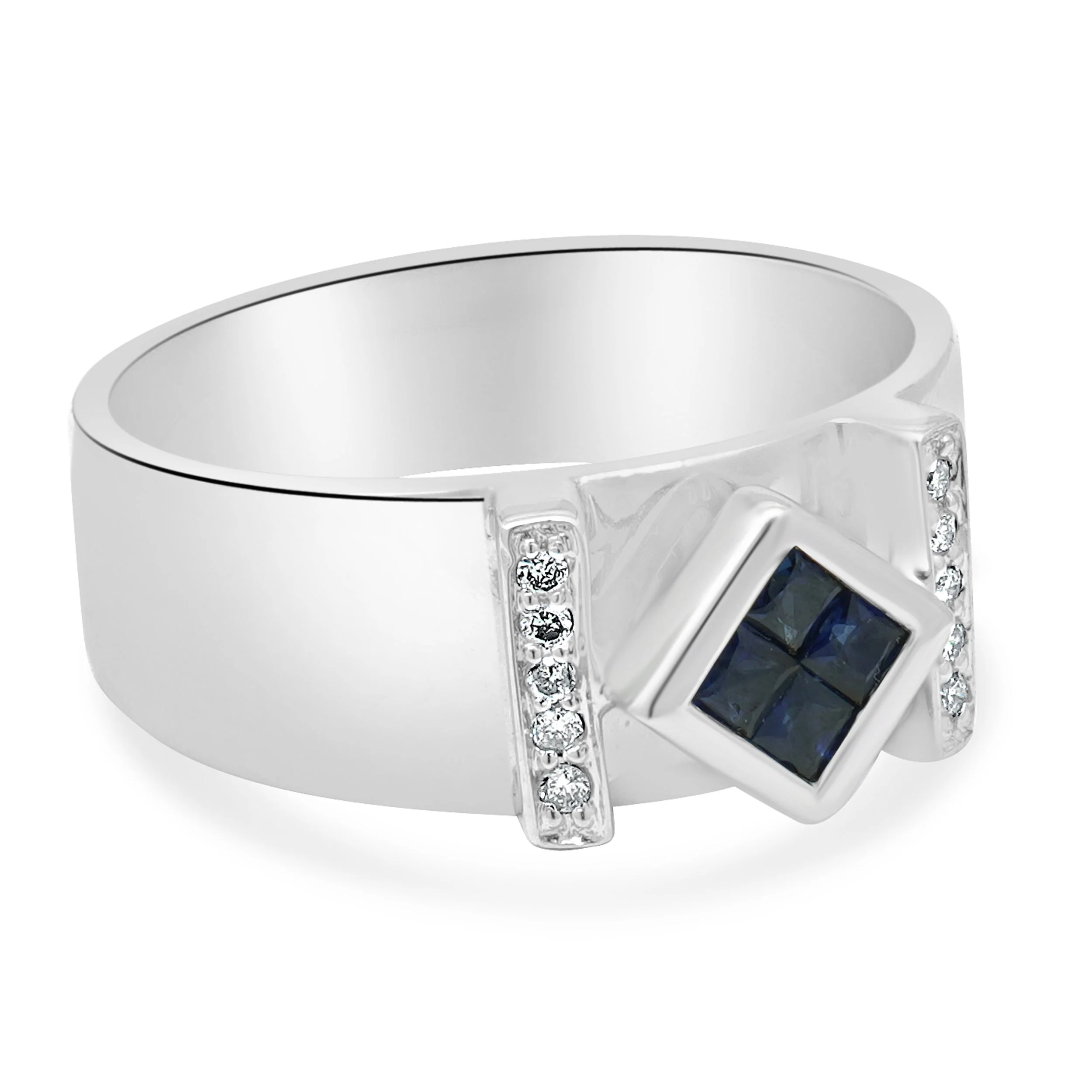 14 Karat White Gold French Cut Blue Sapphire and Round Diamond Ring - Image 3