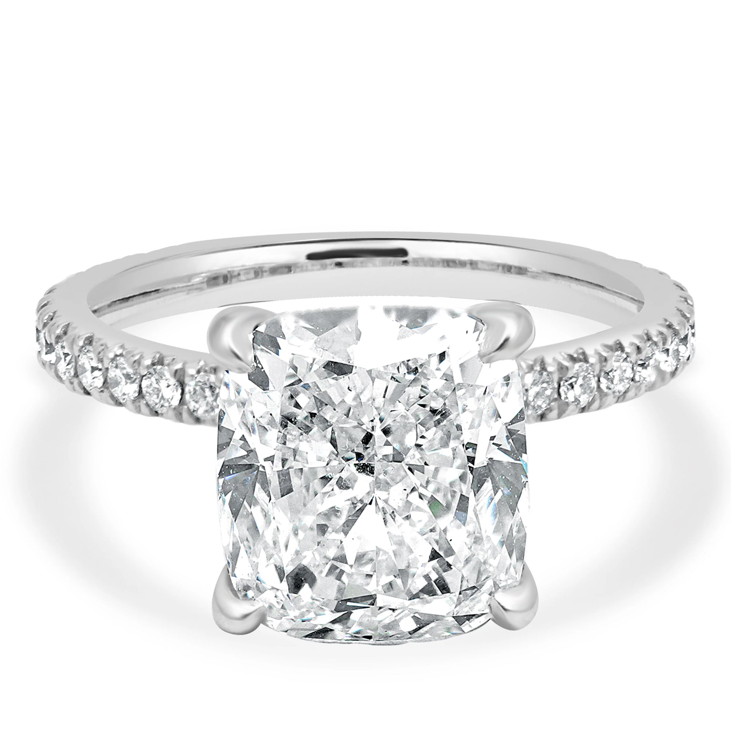 14 Karat White Gold GIA Certified 4.01ct Cushion Cut and Round Diamond Hidden Halo Engagement Ring