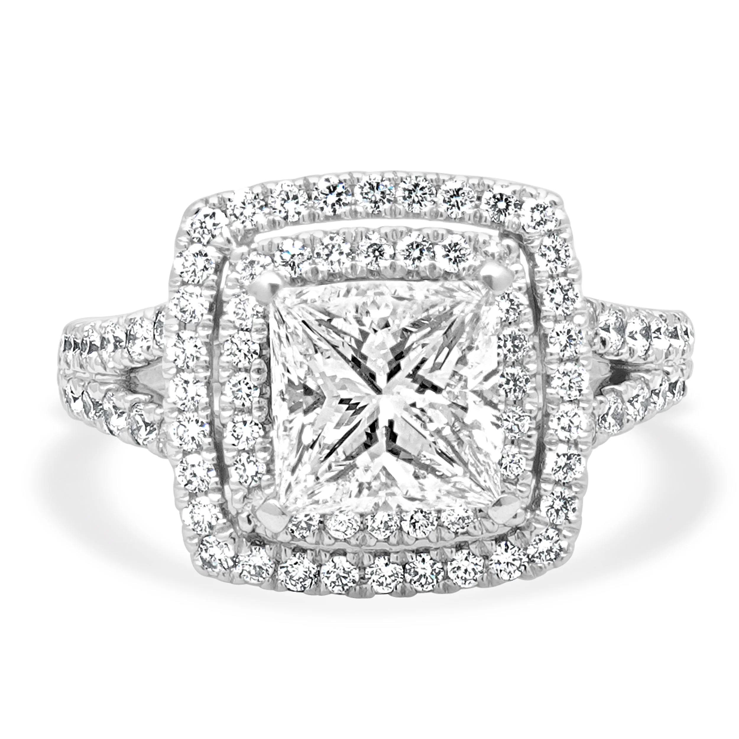 14 Karat White Gold GIA Certified Princess Cut and Round Diamond Double Halo Engagement Ring
