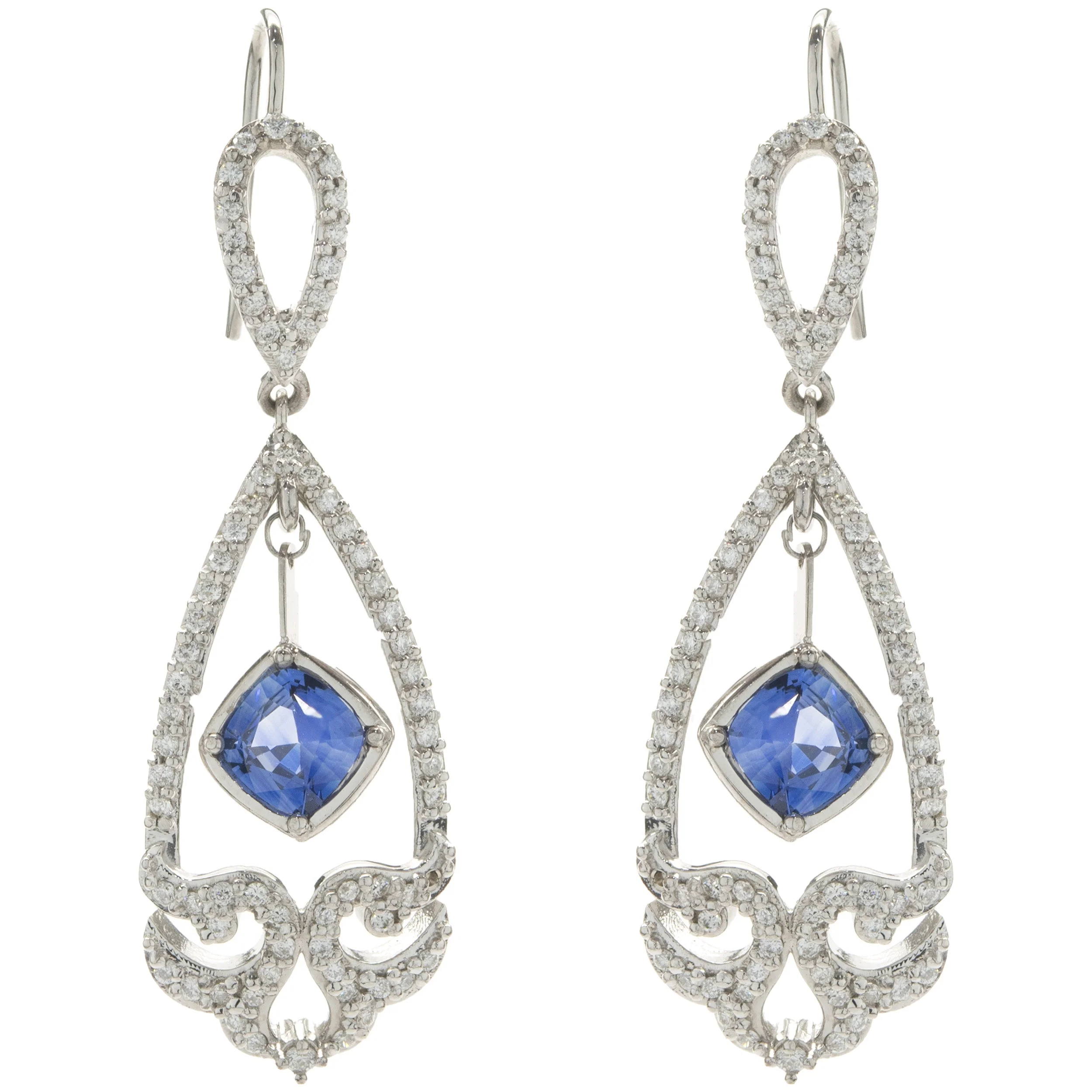 14 Karat White Gold NO HEAT Sapphire and Diamond Drop Earrings