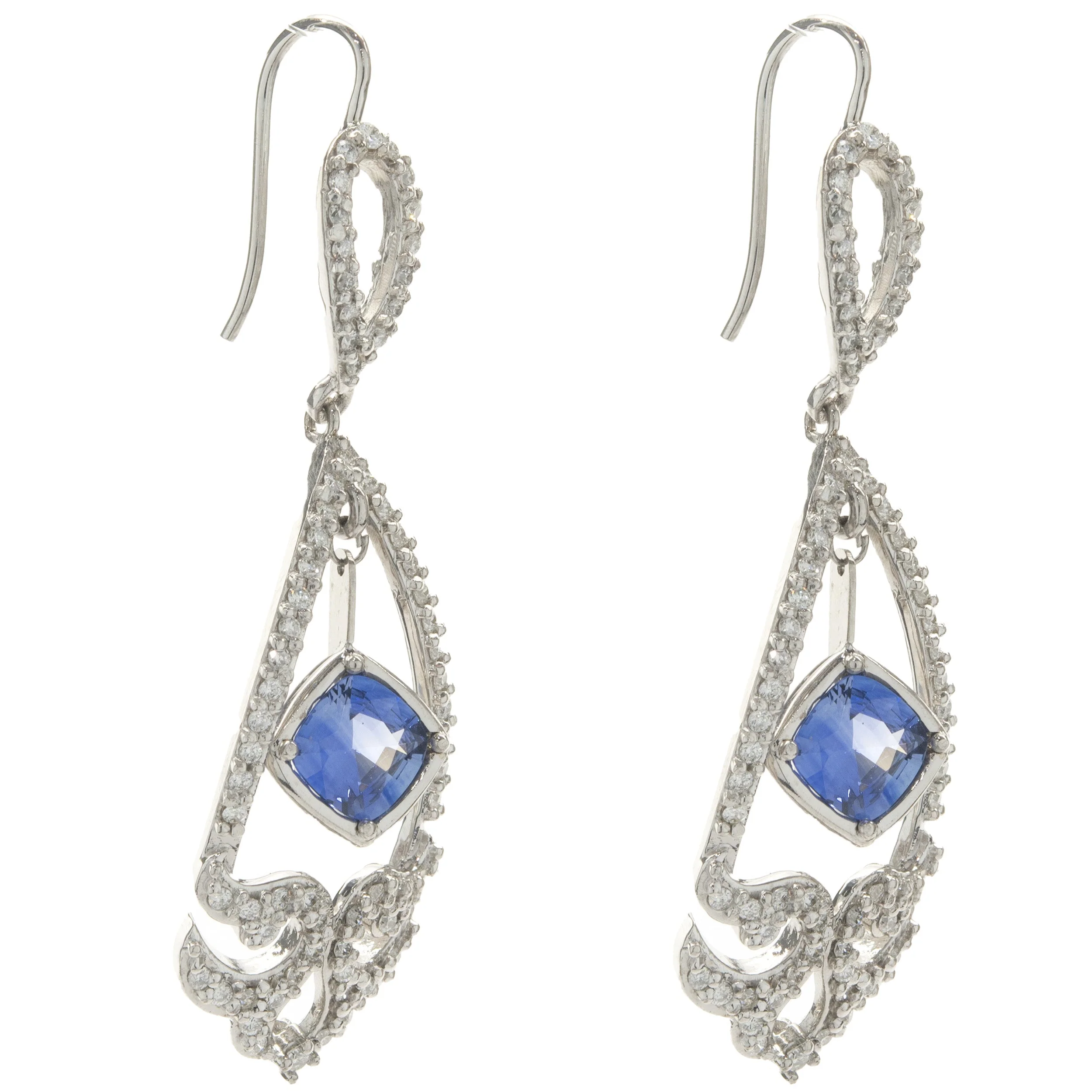 14 Karat White Gold NO HEAT Sapphire and Diamond Drop Earrings - Image 2