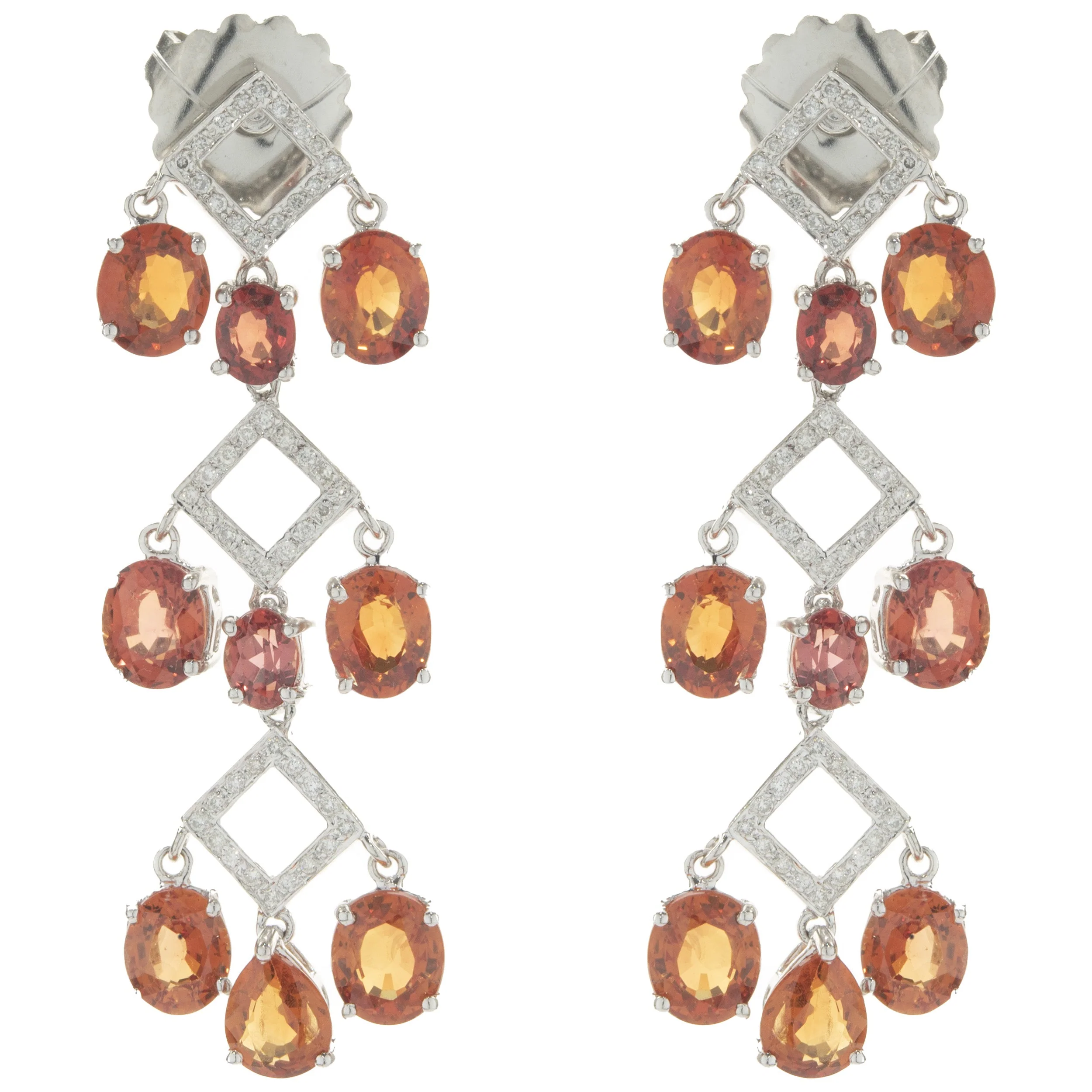 14 Karat White Gold Orange Sapphire and Diamond Three Tier Drop Earrings
