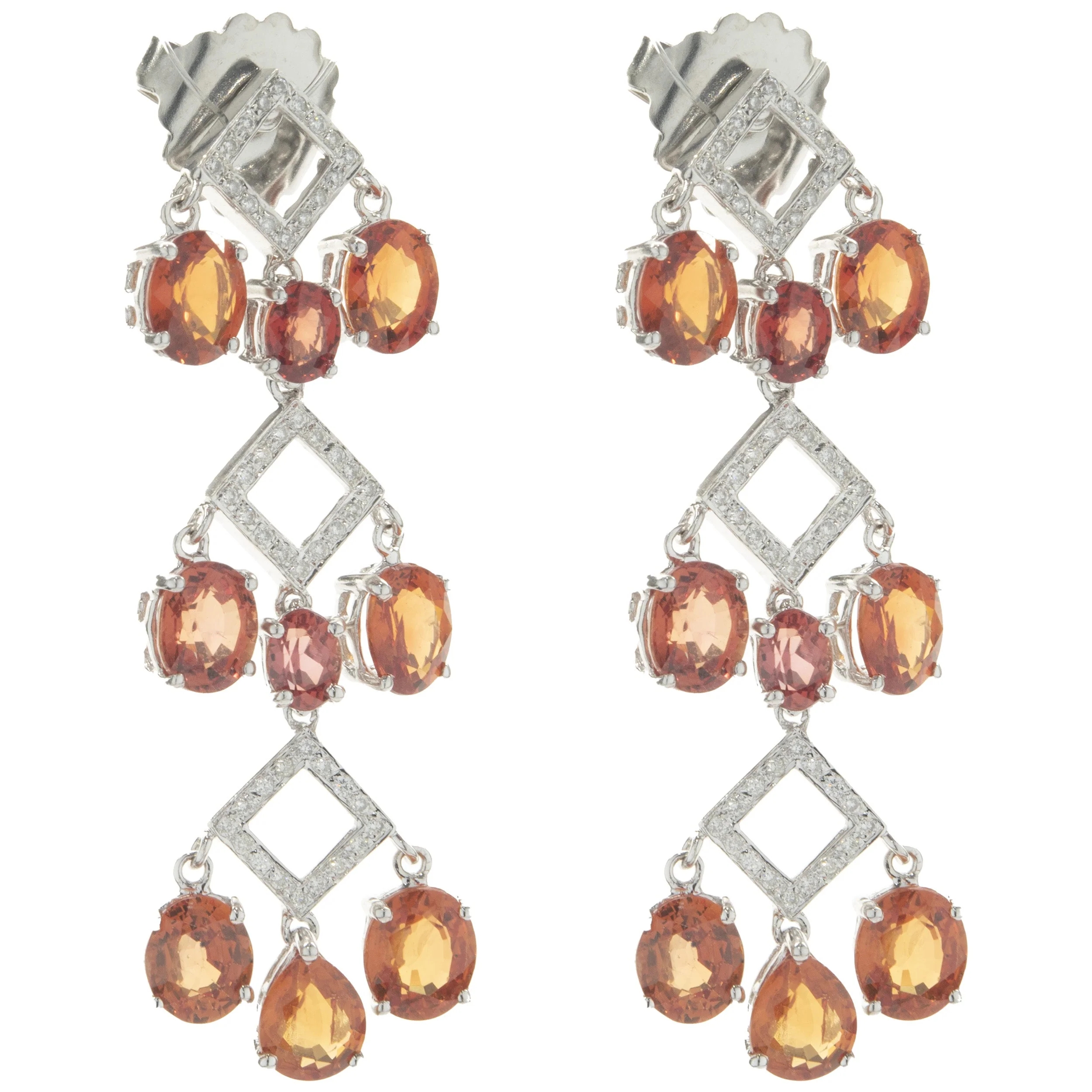 14 Karat White Gold Orange Sapphire and Diamond Three Tier Drop Earrings - Image 2