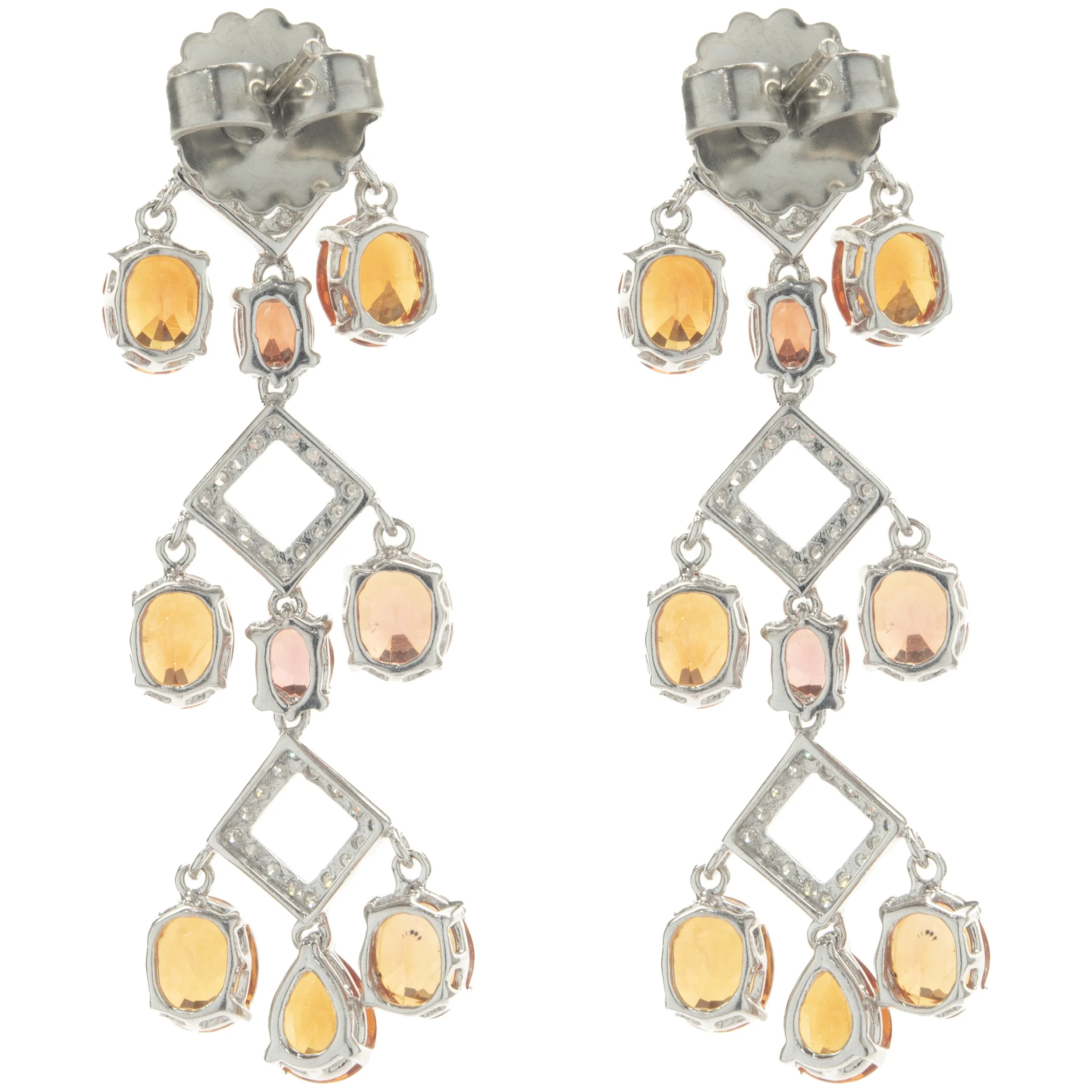 14 Karat White Gold Orange Sapphire and Diamond Three Tier Drop Earrings - Image 3