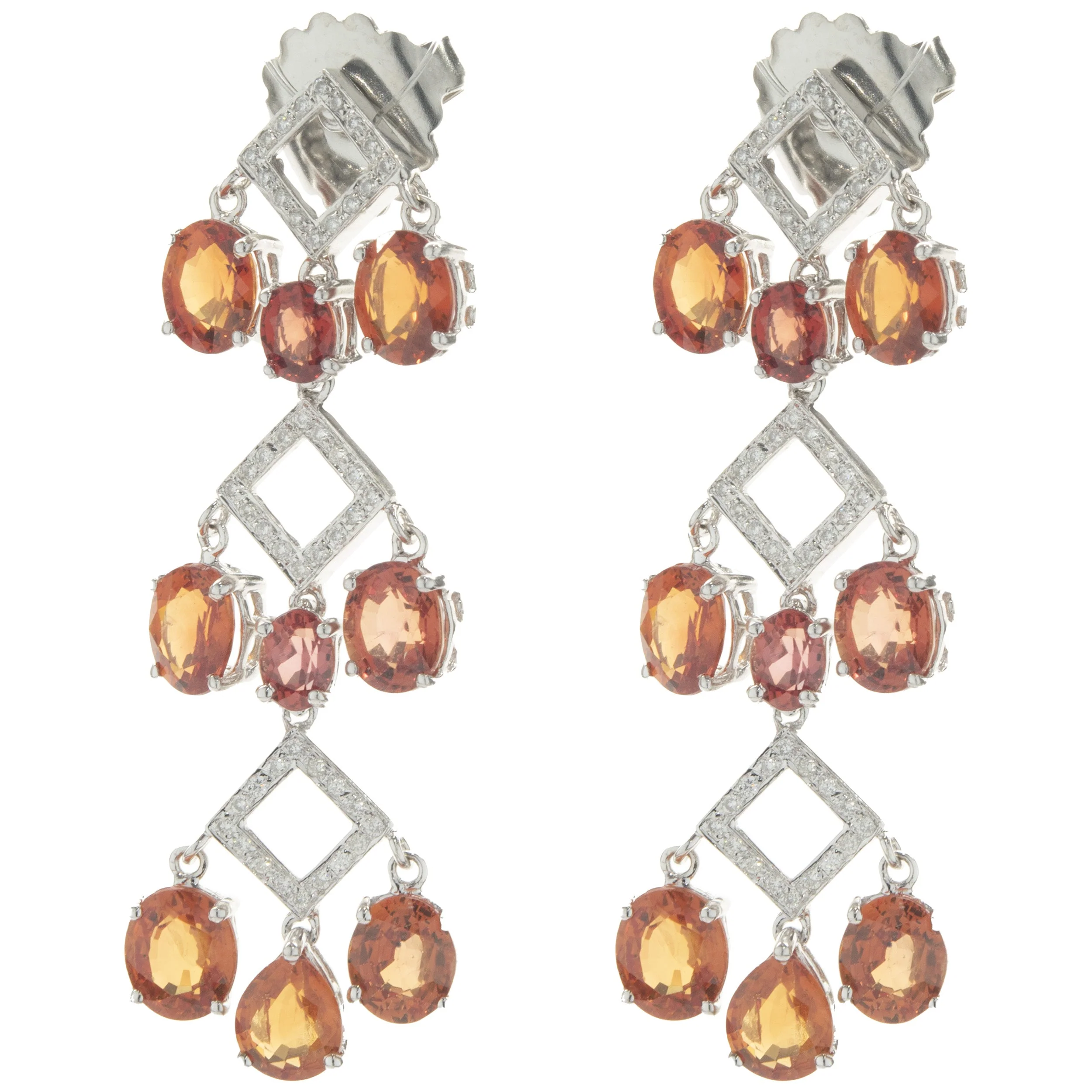 14 Karat White Gold Orange Sapphire and Diamond Three Tier Drop Earrings - Image 4