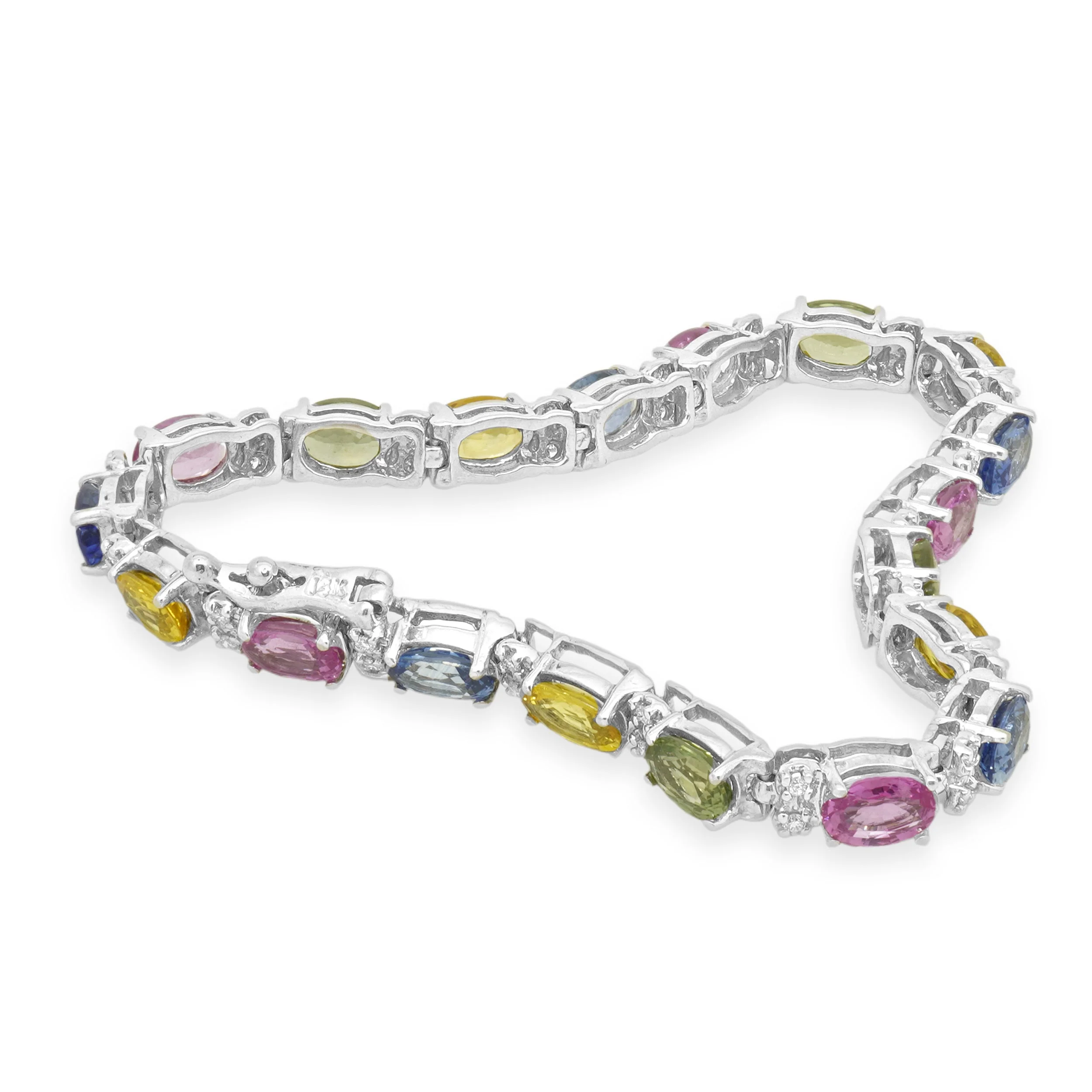 14 Karat White Gold Oval Cut Rainbow Sapphire and Round Diamond Inline Bracelet 6.5" - Image 3