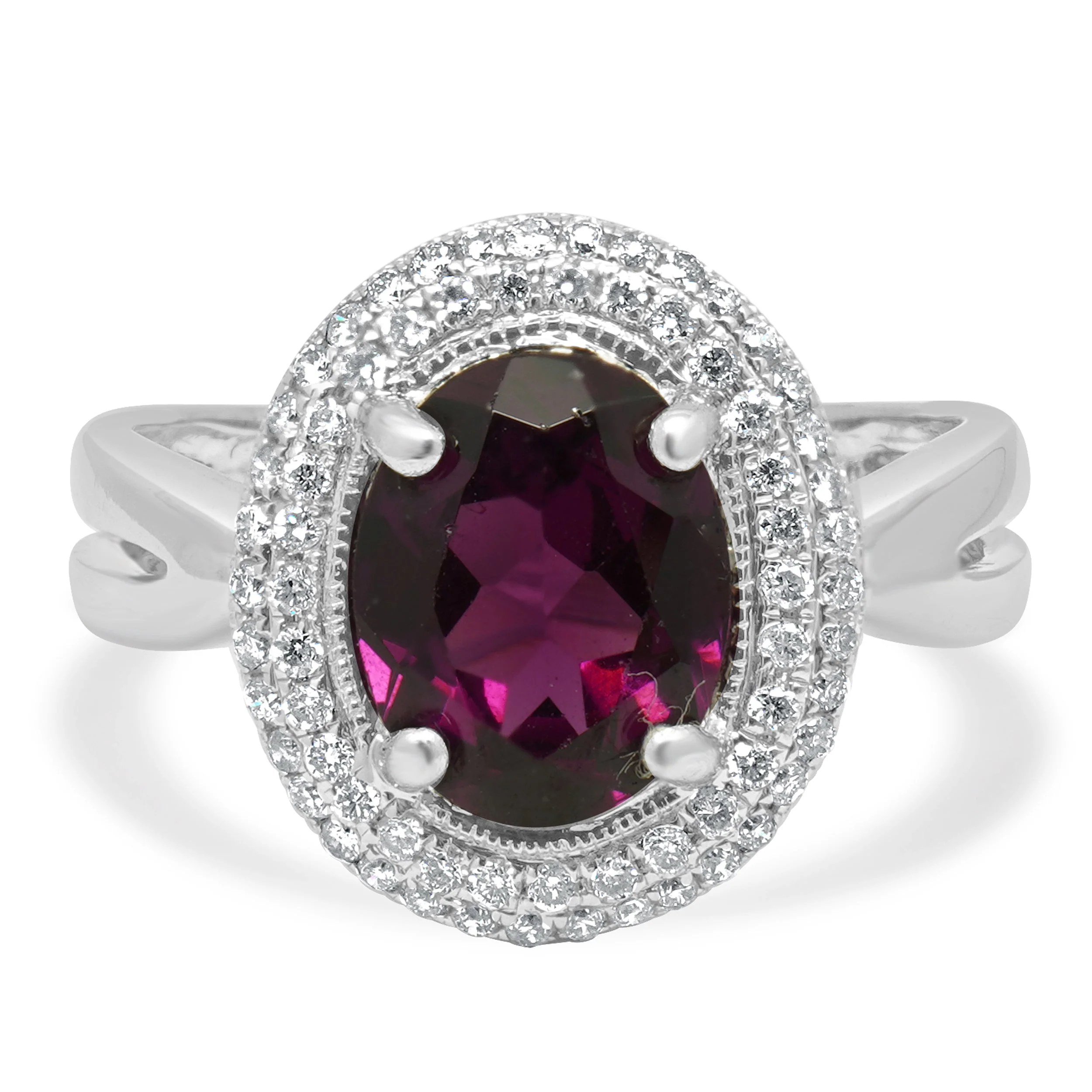 14 Karat White Gold Oval Rhodolite Garnet and Round Diamond Halo Ring